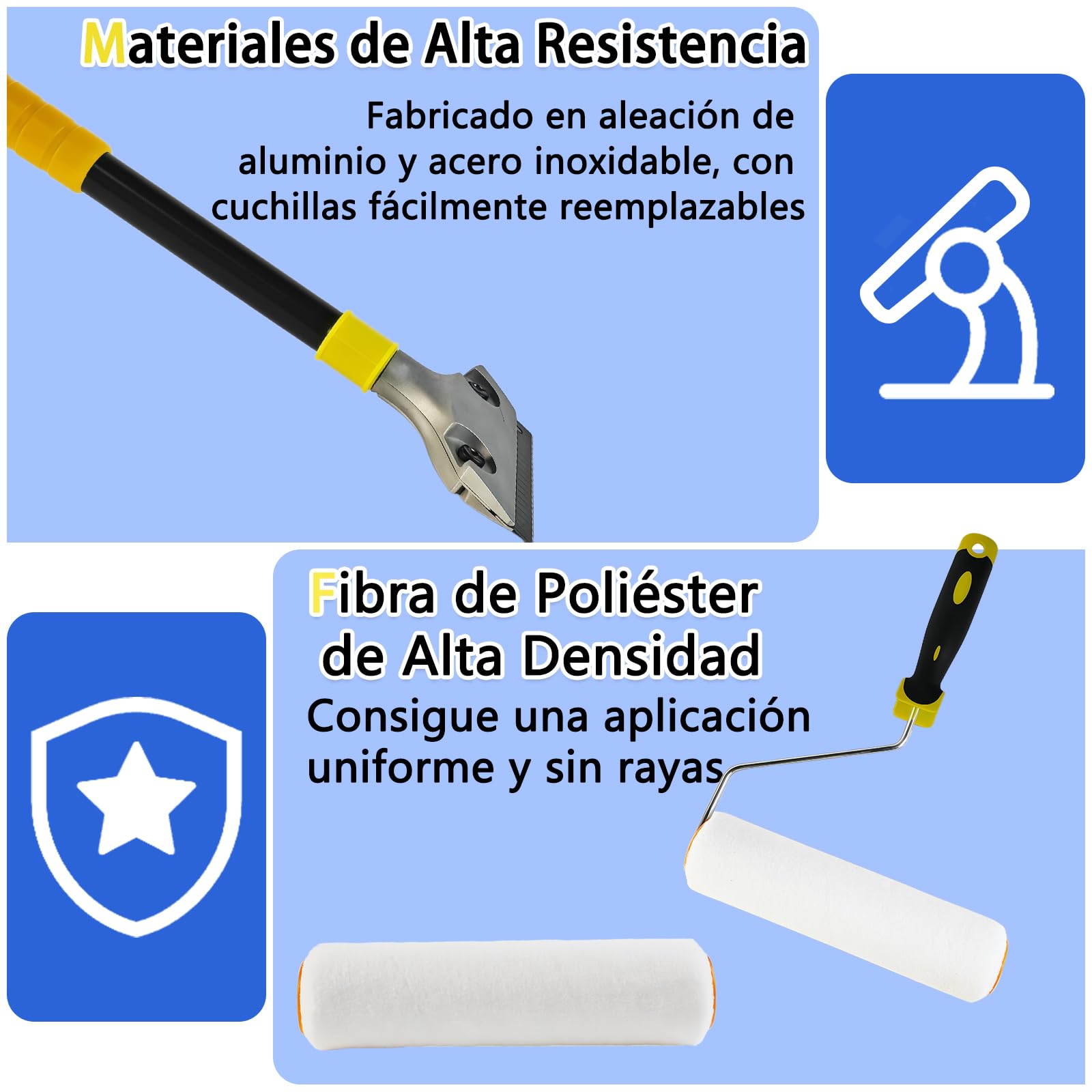 VKE Rodillo Púas Autonivelante 50cm Antisalpicaduras,Palo Telescópico 162cm | Incluye Rascador Autonivelante 56cm y Zapatos Aireadores para Césped, Set Completo Herramientas Para Autonivelante