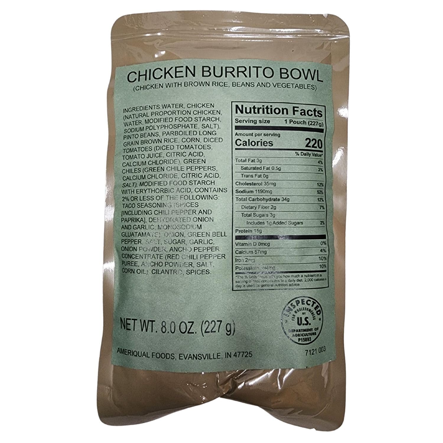 Military Outdoor Clothing MRE(Meal-Ready-to-Eat) Entre: Chicken Burrito Bowl (12 Pack)