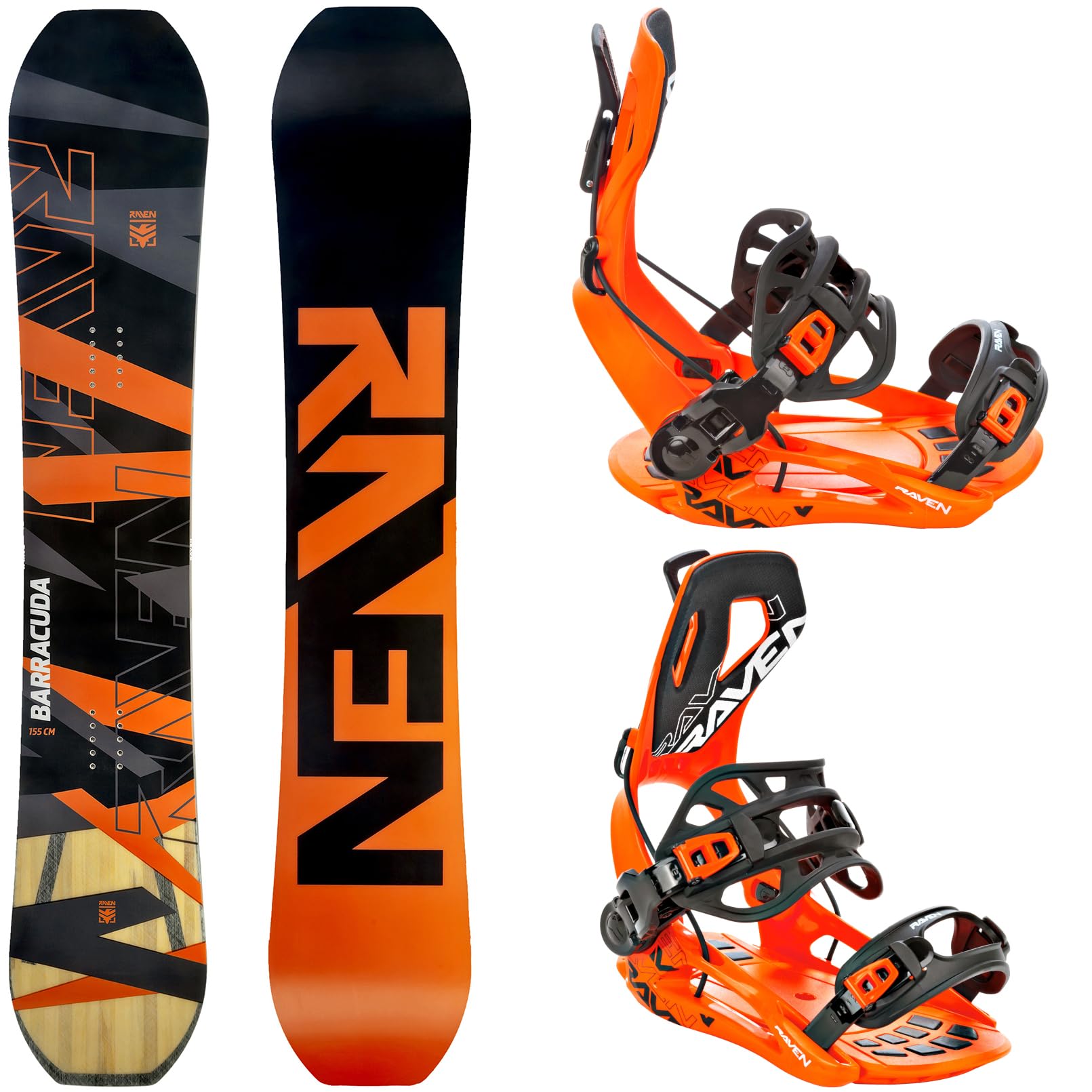 Raven Set de Snowboard: Tabla de Snowboard Barracuda Carbon Orange + Fijaciones Fastec FT360