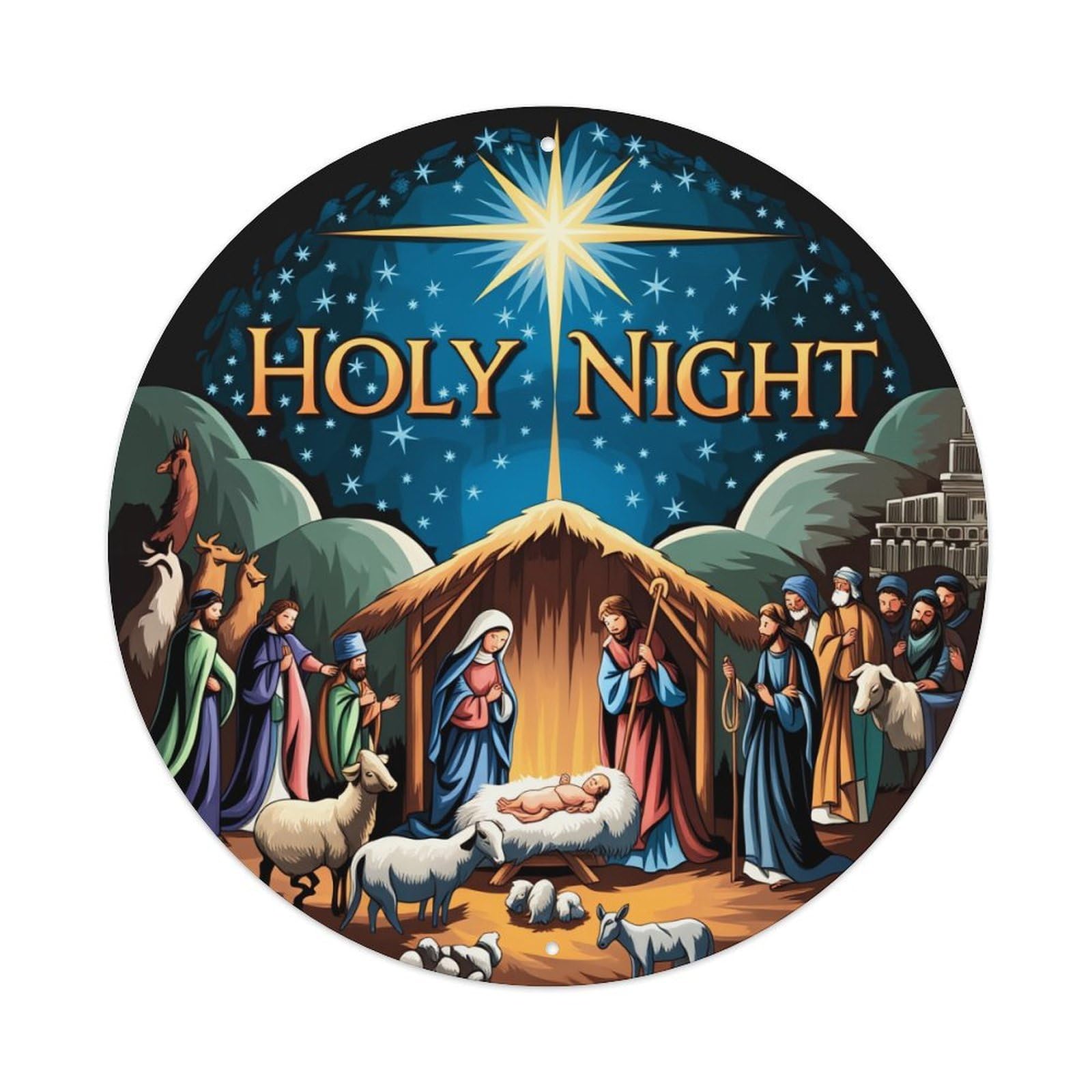 Holy Night Nativity Scene Star Round Tin Sign Vintage Metal Poster, Home Bar Garage Man Cave Cafe Indoor & Outdoor Wall Decoration 8x8Inches