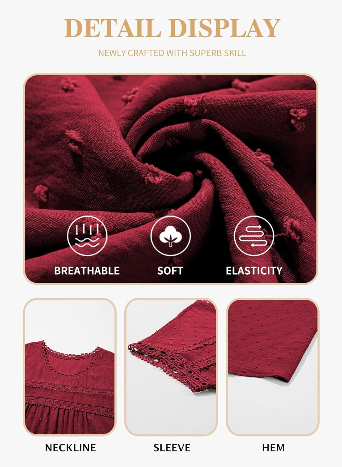 Eytino Womens Plus Size Tops Summer Crewneck Short Sleeve Lace Crochet Loose Casual Chiffon Blouses Shirts,3X Red Dahlia - Image 5