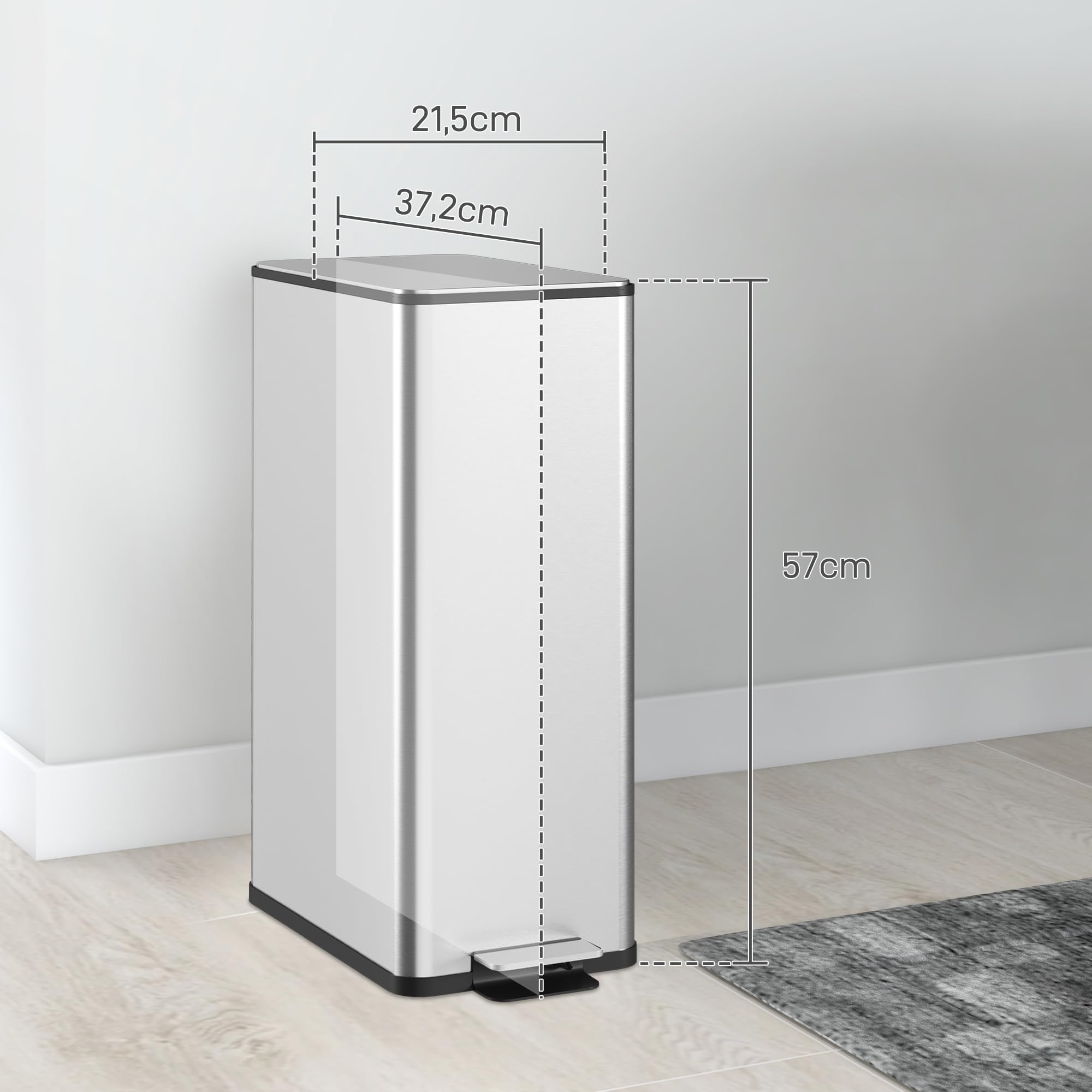 HOMCOM Mülleimer 20 L mit Softclose-Deckel Pedal 21,5 x 37,2 x 57cm Silber | Treteimer, Abfalleimer inkl. Inneneimer, Abfallsammler, Edelstahl, für Bad Schlaf- oder Wohnzimmer