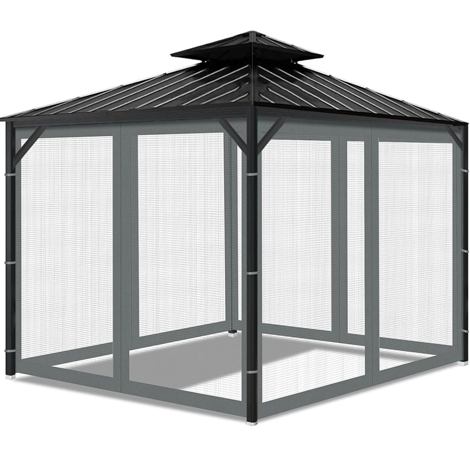 Moustiquaire pour Tonnelle et Gazebo 4 Panneaux Rideau Filet de Protection Universel avec Double Fermeture Éclair Anti-Moustiques pour Jardin, Terrasse, Patio, Auvent et Pergola(Gris, 300 * 300CM)