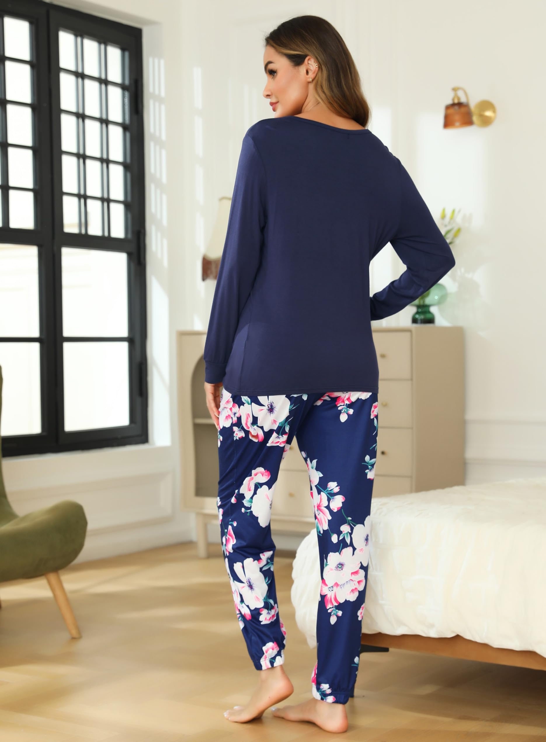 Lovasy Pigiama Donna Manica Lunga Pantaloni Lunghi Casual Scollo a V Top con Motivo a Pois Carino con Tasca Due Pezzi