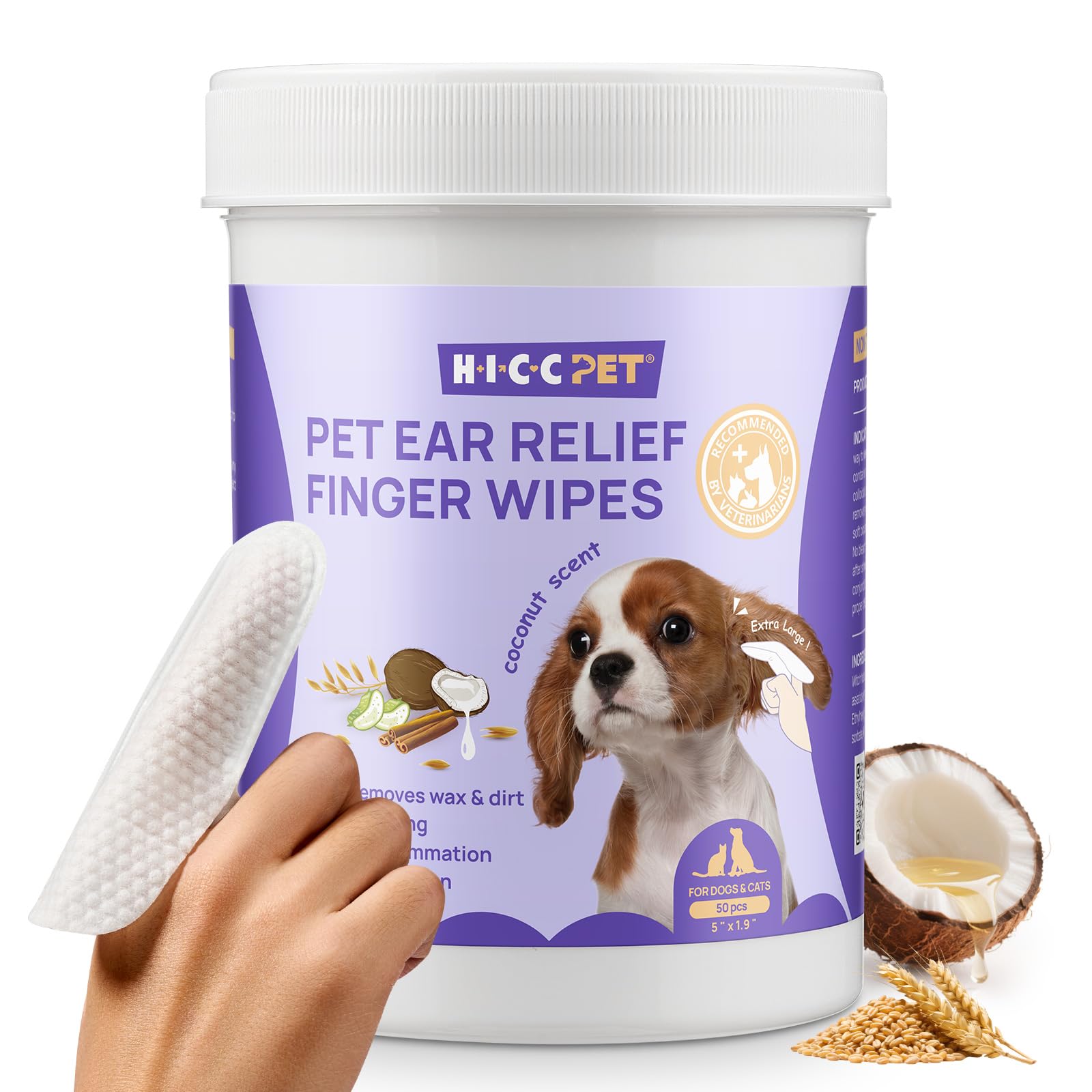 HICC PET Ohrreinigungstücher Finger-Pads für Hunde & Katzen, 50 Stück | Sanfte Ohrreinigungstücher für Hunde & Katzen – fermentiertem Kokosöl entfernt schonend Ohrenschmalz, Schmutz und Gerüche.