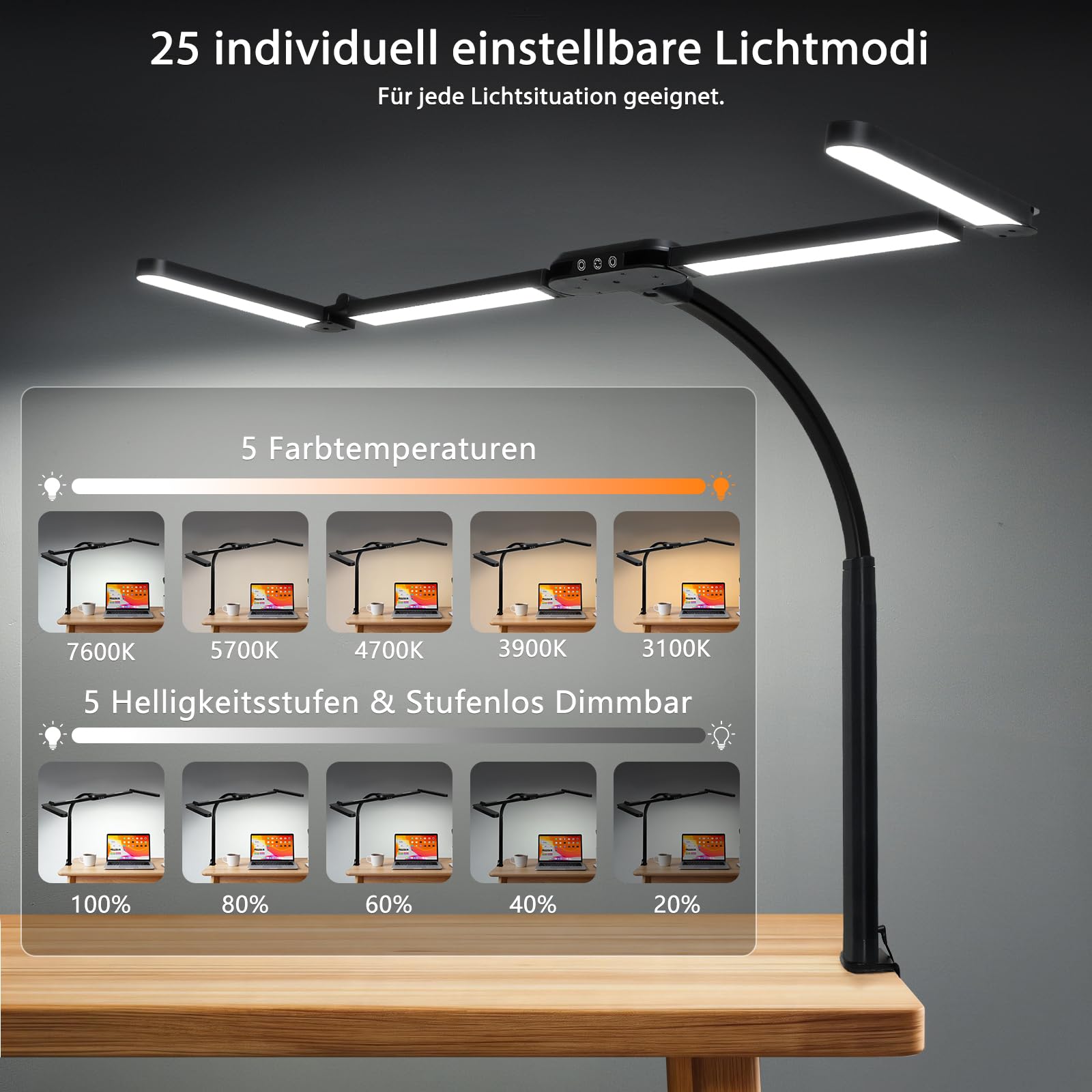 Schreibtischlampe mit RGB, 120cm LED Tischlampe mit Fernbedienung | Monitor Lampe klemmbar dimmbar für mehrere Monitore geeignet, Tageslichtlampe für Büro, Lesen, Architekten, Schneider