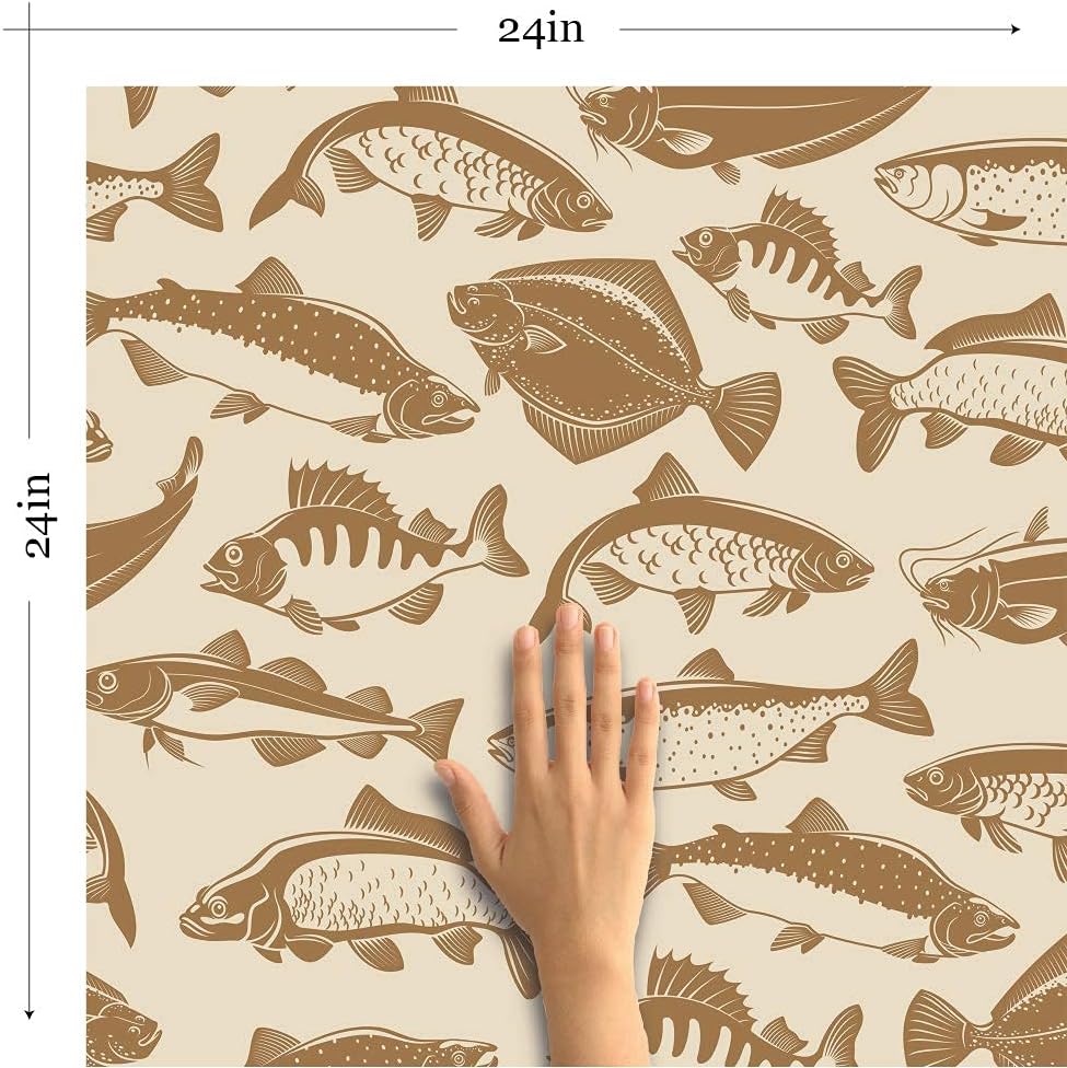 Walls By Me Peel and Stick Brown and Beige Fish Nautical Removable Wallpaper 3220-2ft x 4ft (61x122cm)