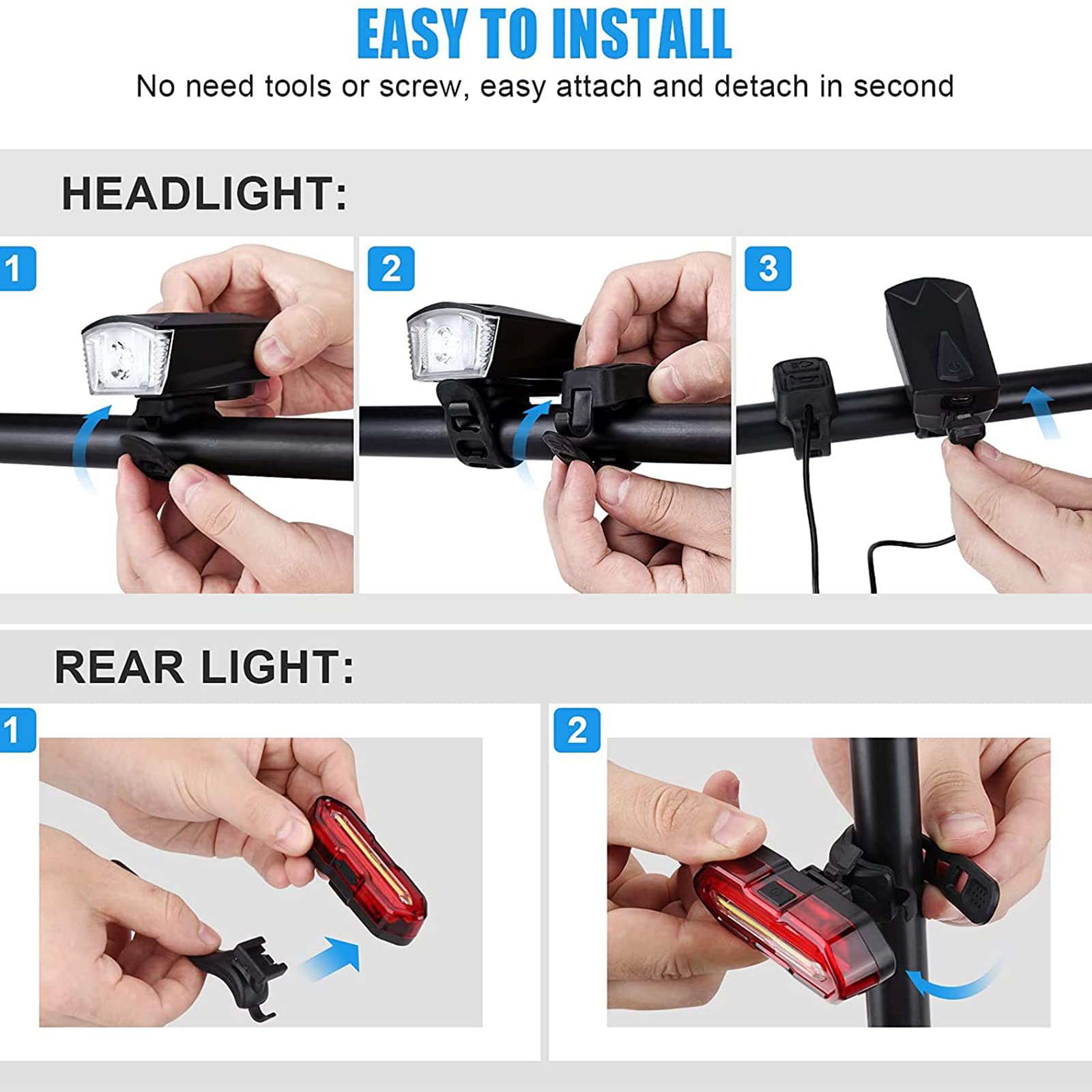 Zestaw świateł rowerowych LED, ładowalne przez USB, 350 lm, wodoodporne przednie światło i tylne światło 100 lm, regulowane 5+6 trybów oświetlenia, światła rowerowe na drogę i góry
