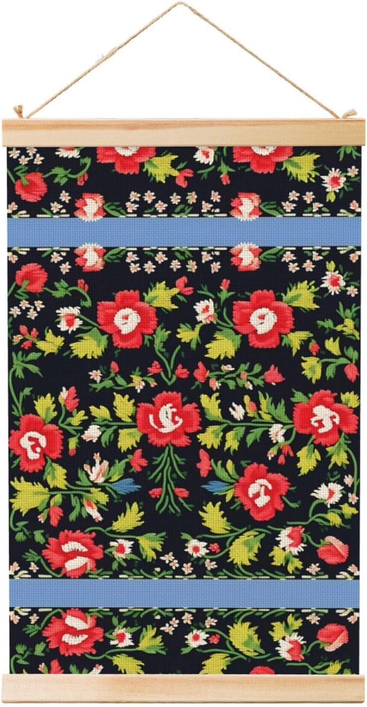 Ukrainian Embroidery Style Rose Print Poster Hanger,Hanging Poster, Poster Frame,Wood Poster Hanger, For Wall Hanging