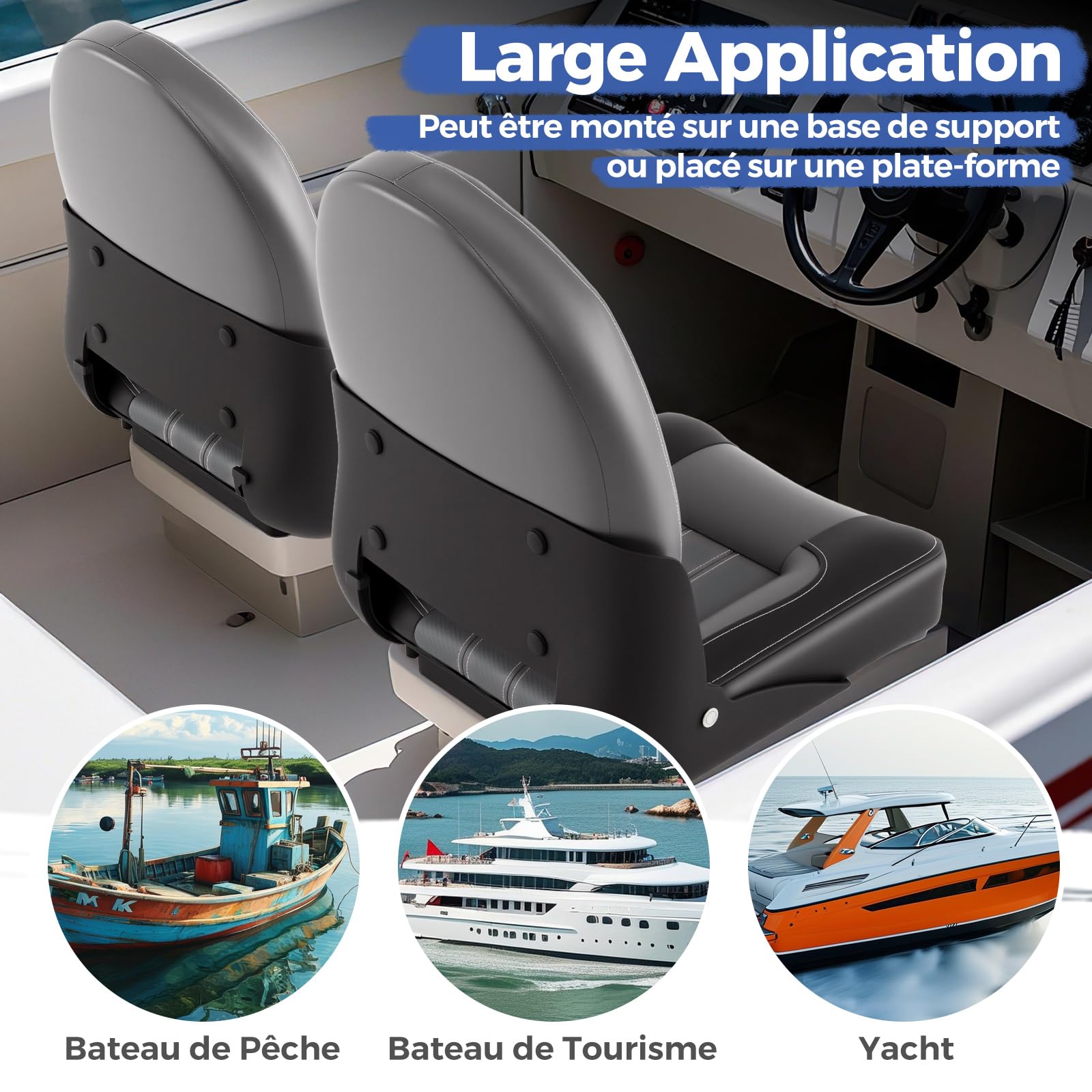 GYMAX Sièges de Bateau 2 Pièces, Dossier Haut Pliable, Siège en Simili Cuir, Rembourrage en Éponge, Compatible avec Piédestal Fixe ou Pivotant, pour Bateau de Pêche, Bateau de Tourisme, Yacht