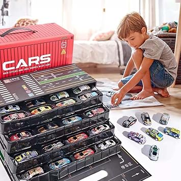 48 Alloy Racing Car Toys - Pull Back Race Cars Toy Set, Metal Toy Car Diecast Mini Racing Vehicles, Mini Metal Friction Powered Toy Car, Die Cast Container Storage Box Car Party Favors for Kids Red