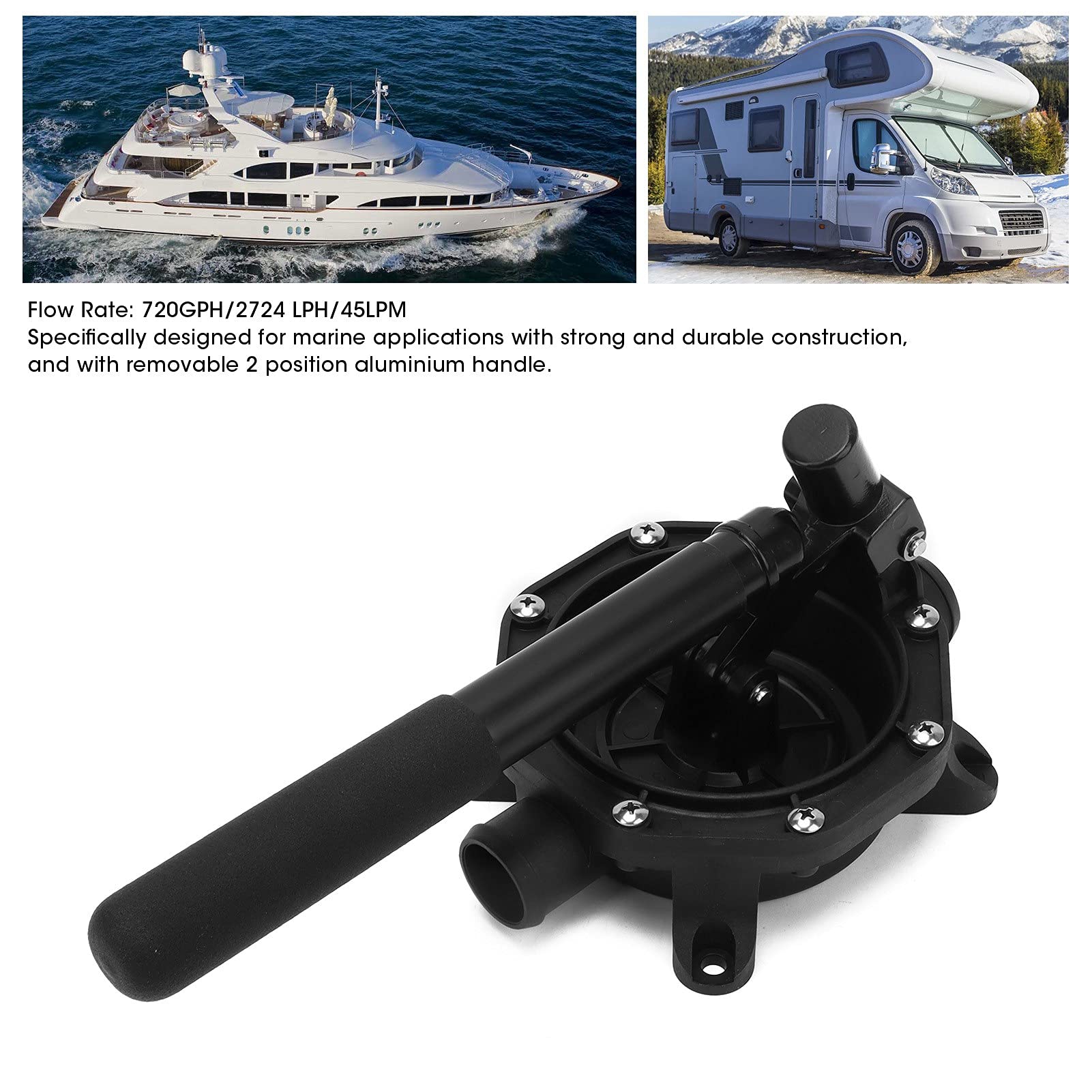 Pompa di sentina a membrana manuale Autoadescante manuale Portata 720 GPH per applicazioni marine Costruzione in lega di alluminio ABS Dimensioni tubo da 33 mm