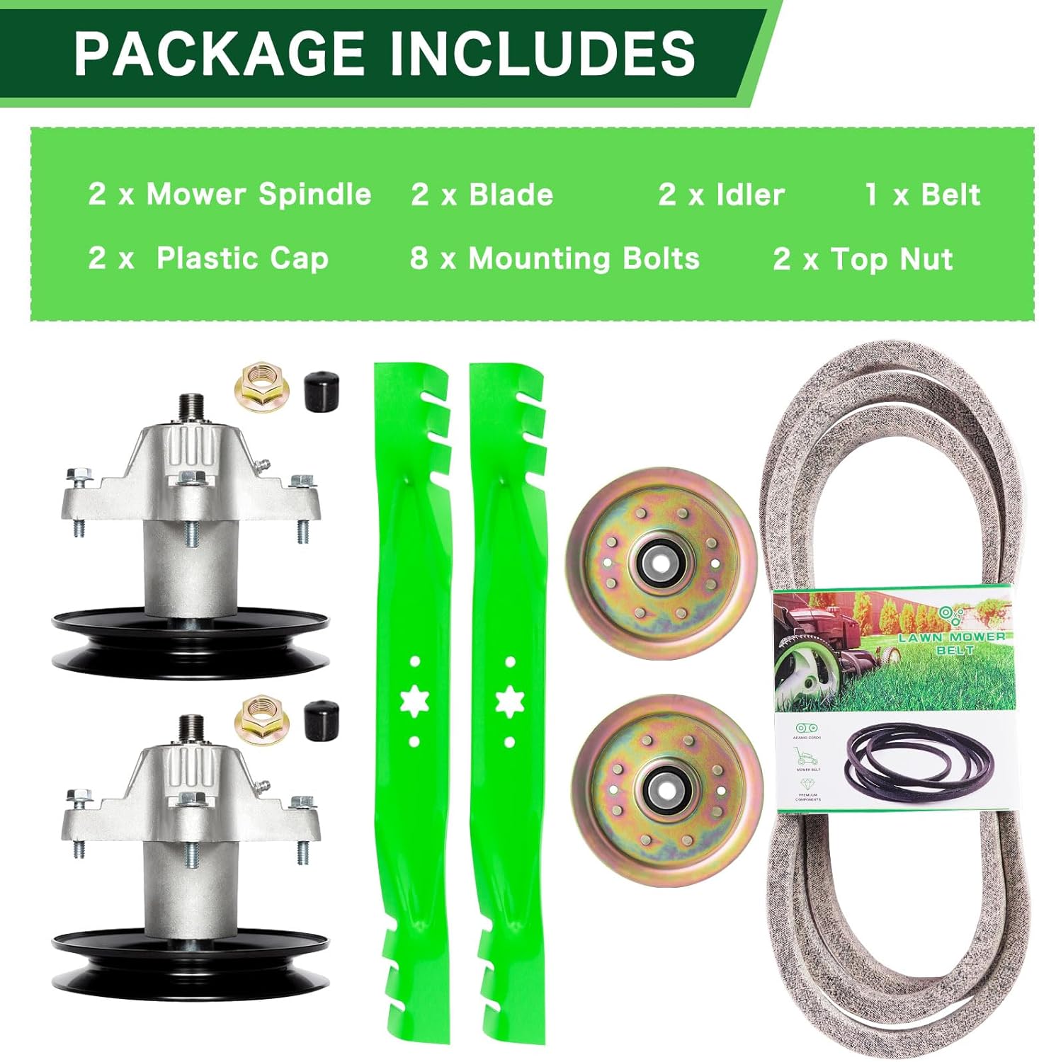 Deck Rebuild Kit for 42 inch MTD Troy Bi lt Colum bia Includes (2) 618-0624 Spindle Assembly (2) 942-04126-X Blade (2) 756-04129 Idler (1) 754-04045 Be lt