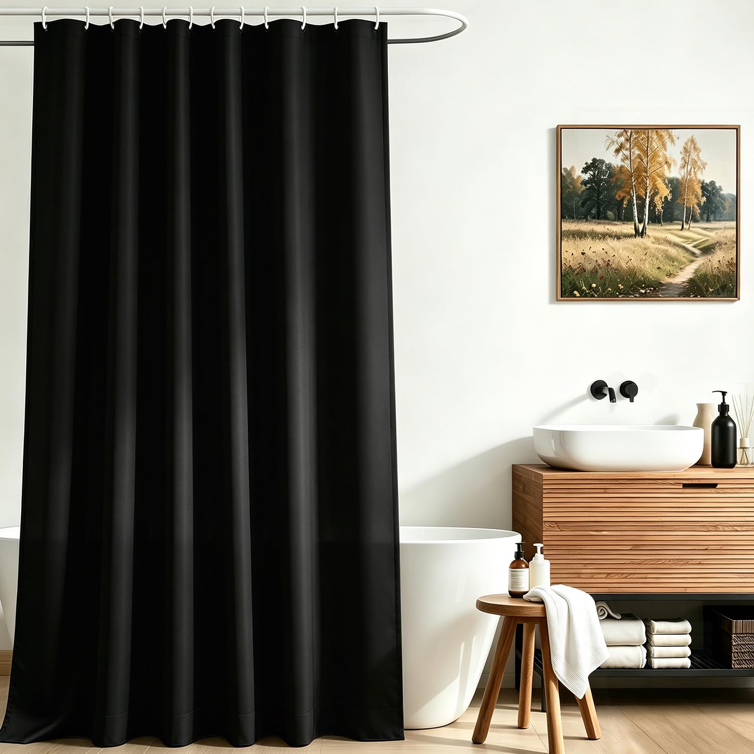 Lerores Shower Curtain, 180 x 200 cm, Black, Weighted Hem, Anti-Mould, Water-Repellent, Washable Polyester Bath Curtains with 12 Eyelets and Shower Curtain Rings for Bathroom, Bathtub โ image 1