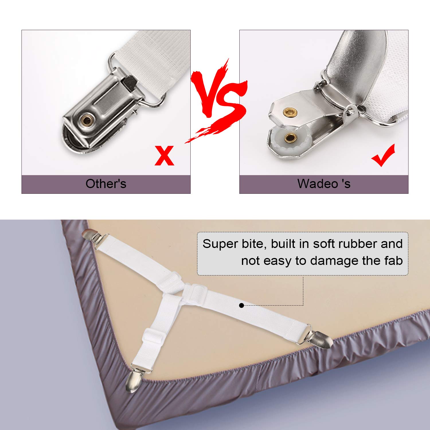 WADEO Clip Forti 8 Pezzi per Lenzuola 8 Pezzi Bretelle di Fissaggio con Pinze Regolabili a Triangolo 3-Modi per Lenzuola Letto Ferma Lenzuola Colore Bianco