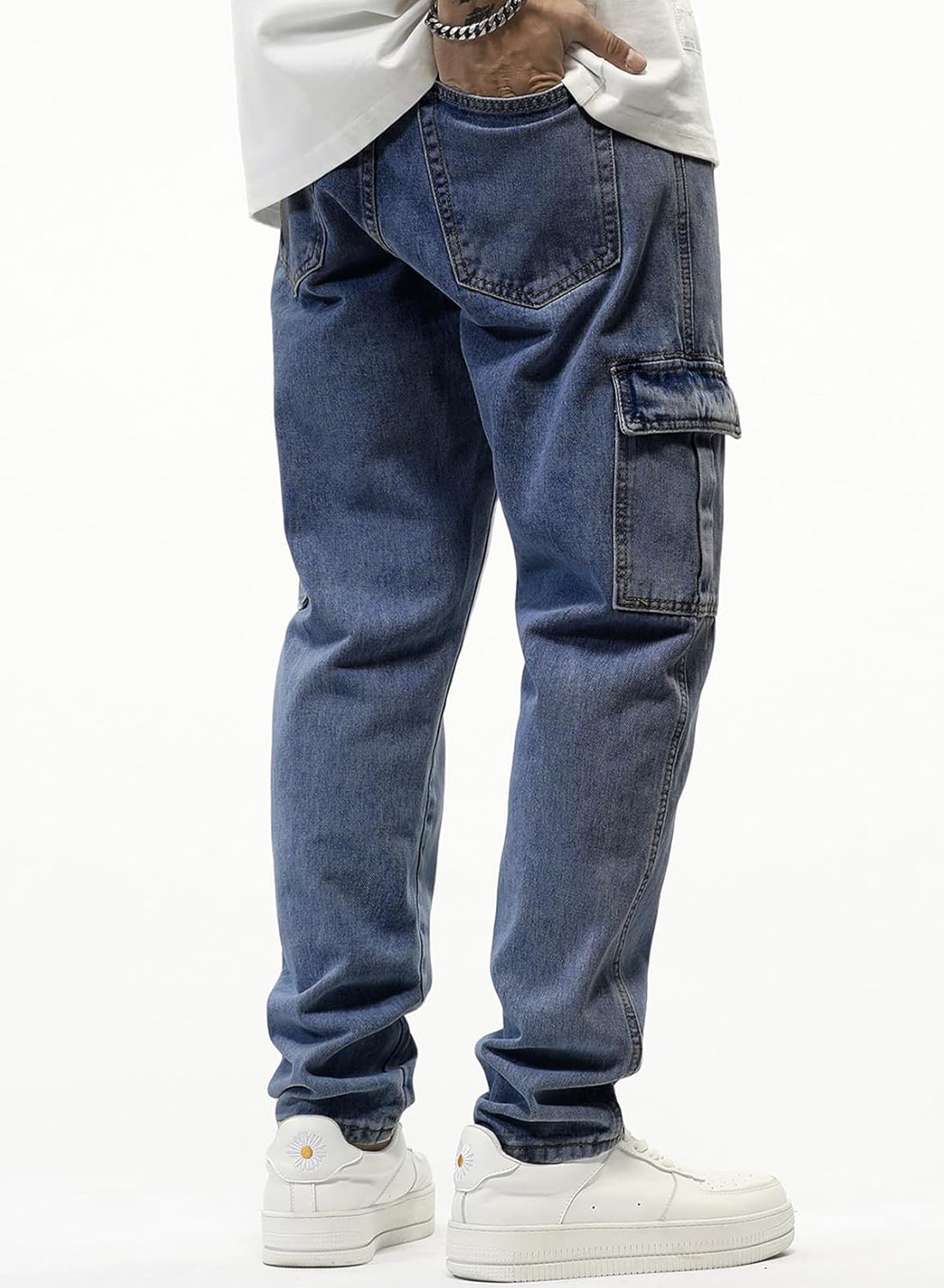 JMIERR Men's Elastic Waist Cargo Jeans Stretch Denim Pants with Drawstring Relaxed Fit for Casual Daily Wear - Image 2