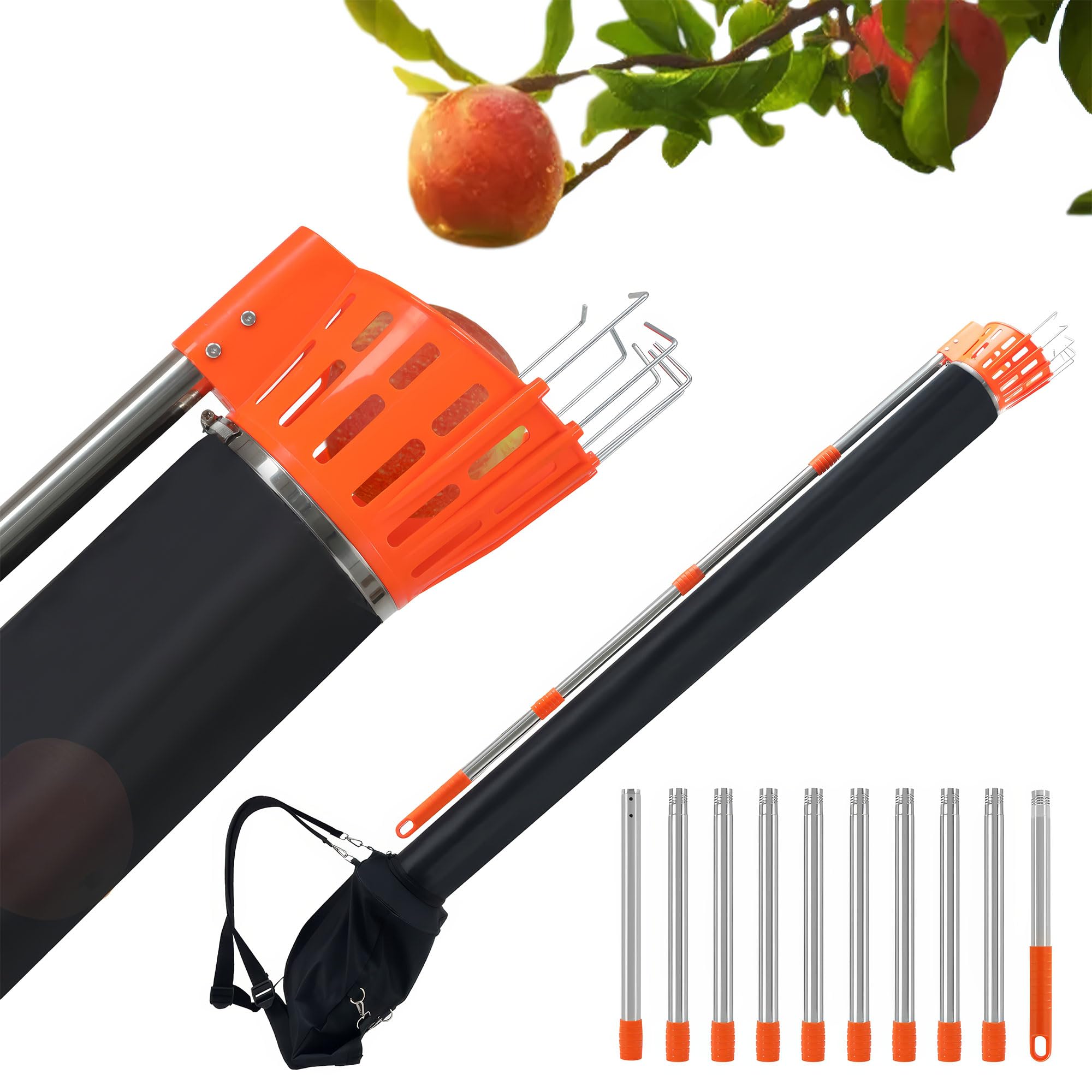 BOUDECH Pametik - Raccoglitore di Frutta a Imbuto Manico Telescopico 4m con Supporto e Borsa in Tessuto per Raccolta di Mele Arance Pere Arancione e Nero