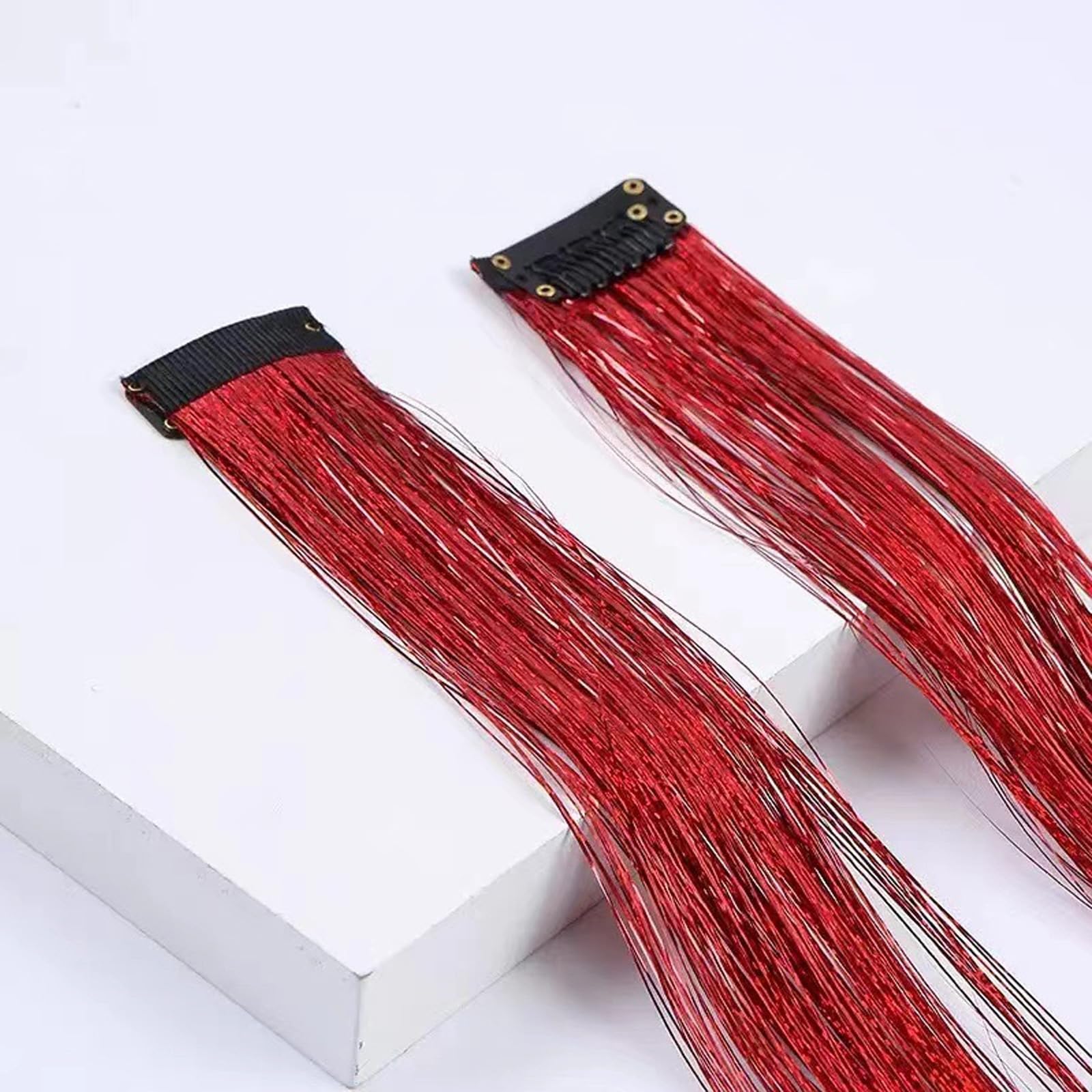 Leliafleury 6PCS Red Hair Tinsel Clip in 50cm Glitter Hair Tinsel Extensions for Party Cosplay