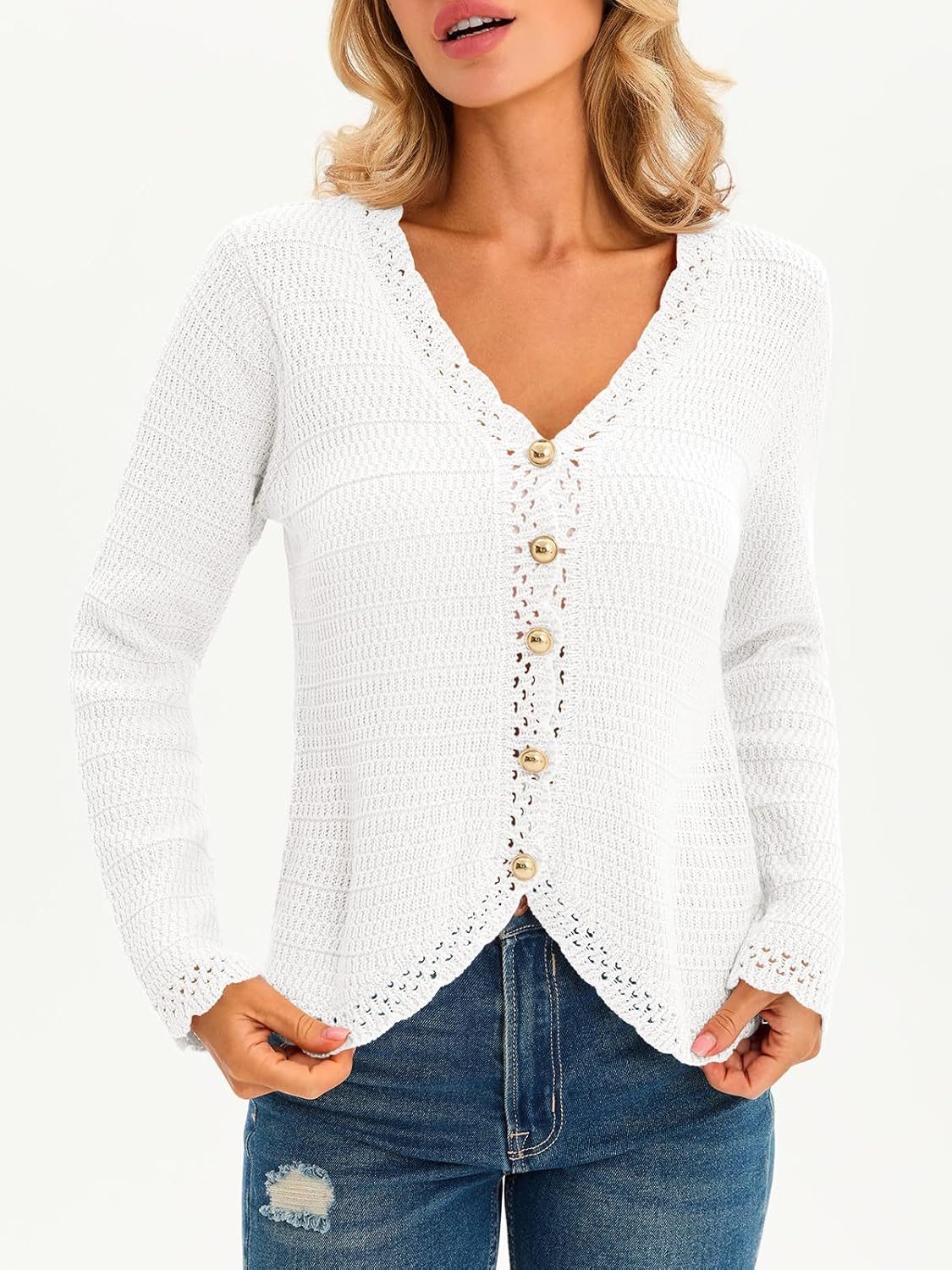 Saodimallsu Womens V Neck Cardigan Sweaters Button Up Cropped Boho Knit Long Sleeve Loose Trendy Sweater Tops - Image 3