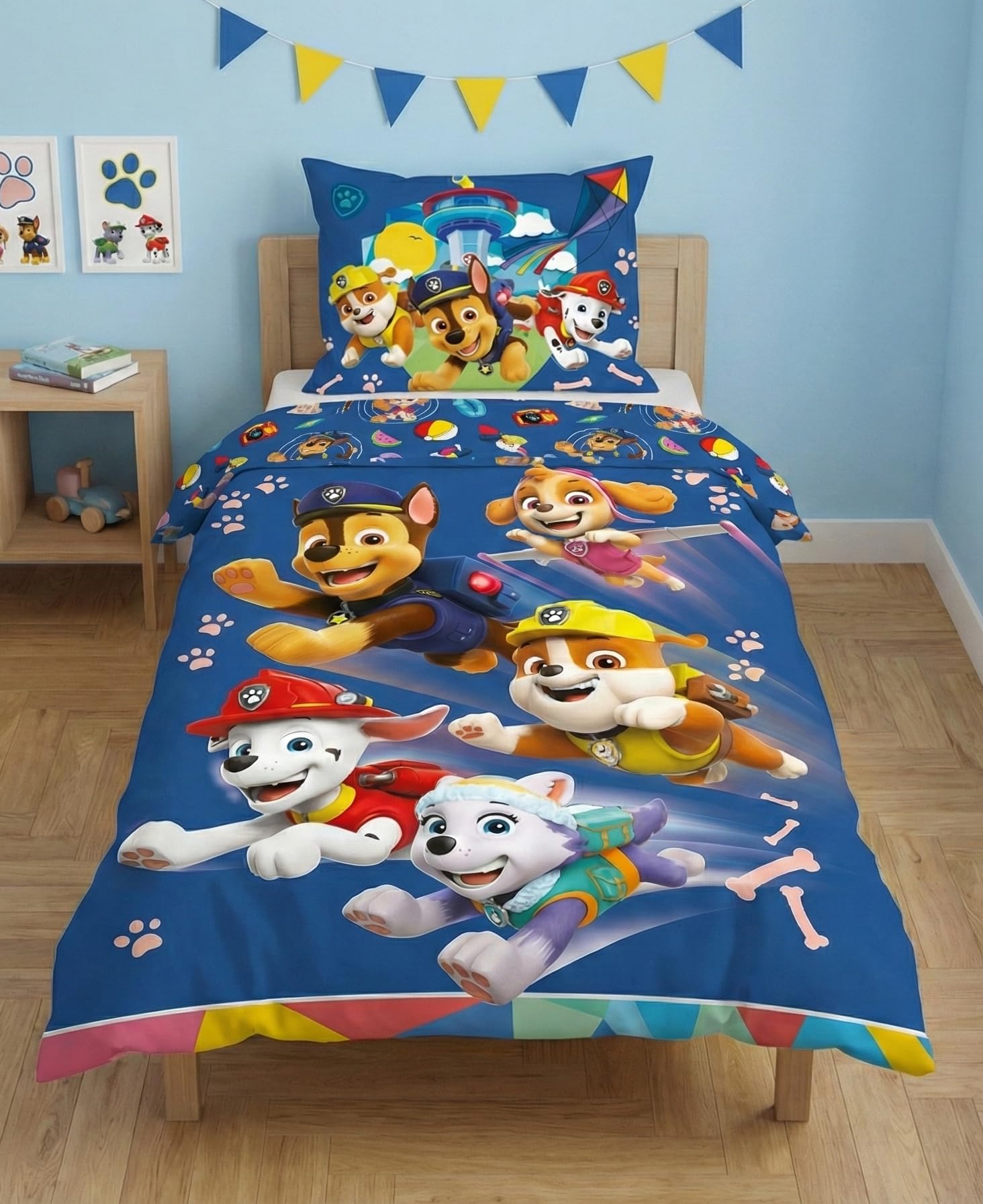 Paw Patrol Copripiumino Singolo 140x200 + Federa 65x65 Everest Stella Chase | Set lenzuola reversibile | Cotone naturale traspirante Oeko-Tex | Marshall Rubble Nickelodeon | 3-8 | Lavabile in lavatrice