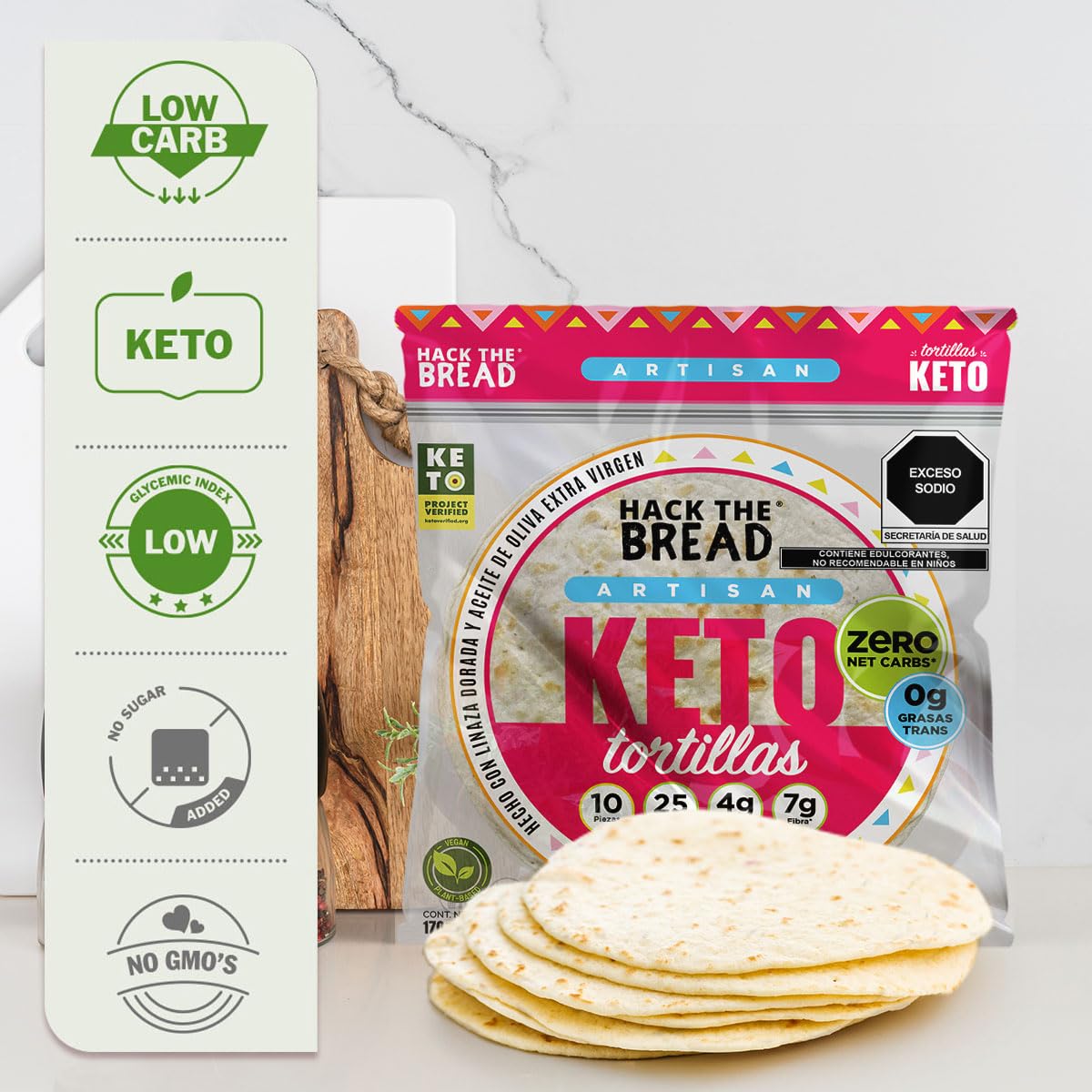 Hack The Bread® Keto Tortillas Certified, Zero Carb, Sugar Free - 25 Calories, 4g Protein, 7g Fiber per Tortilla - 5 Pack