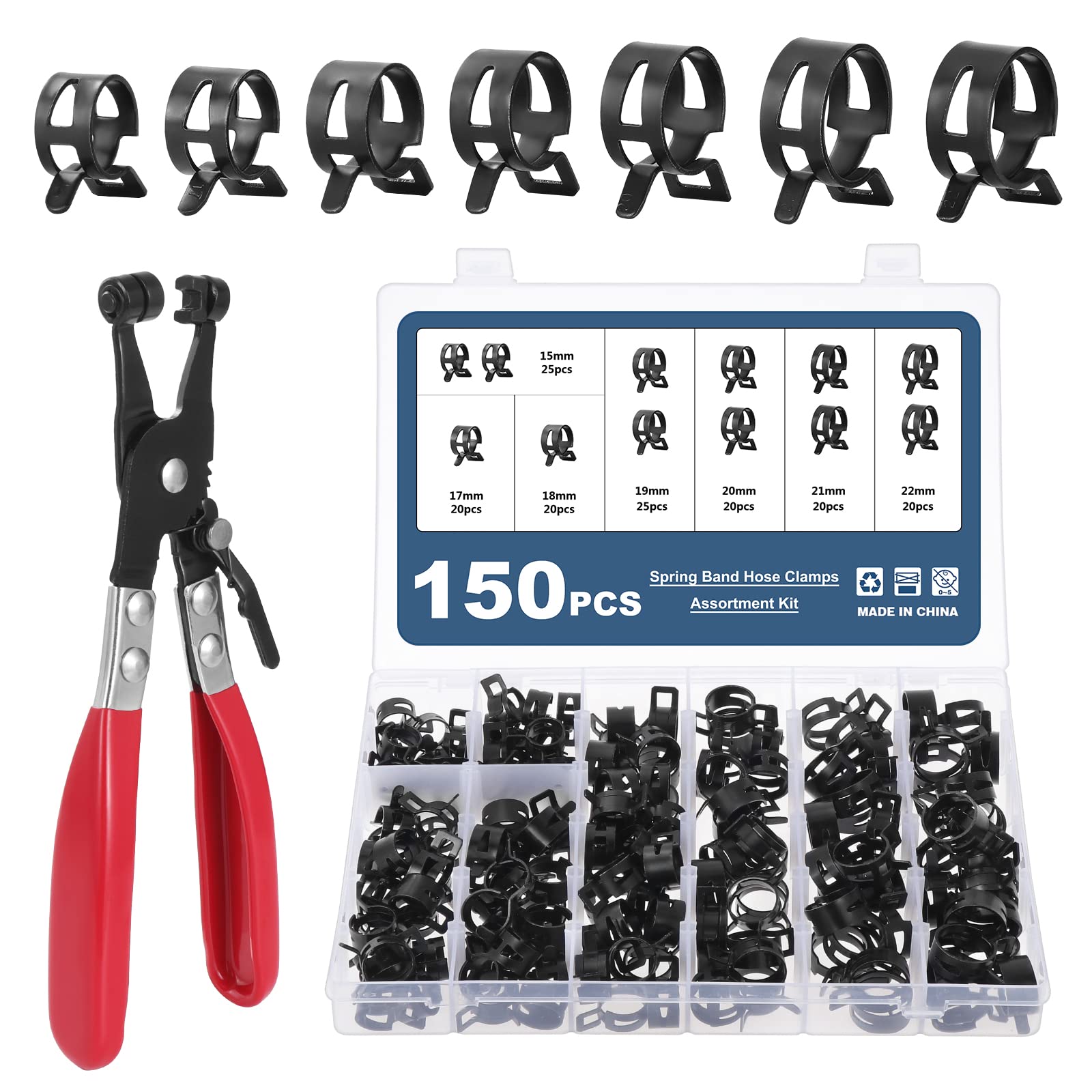 OCR 150PCS 15-22mm Spring Hose Clamps, Fuel Line Clamps & Low Pressure Air/Water Pipe Clamps, Stainless Steel Silicone Vacuum Tube Fastener Set with Pliers for Automotive, Plumbing
