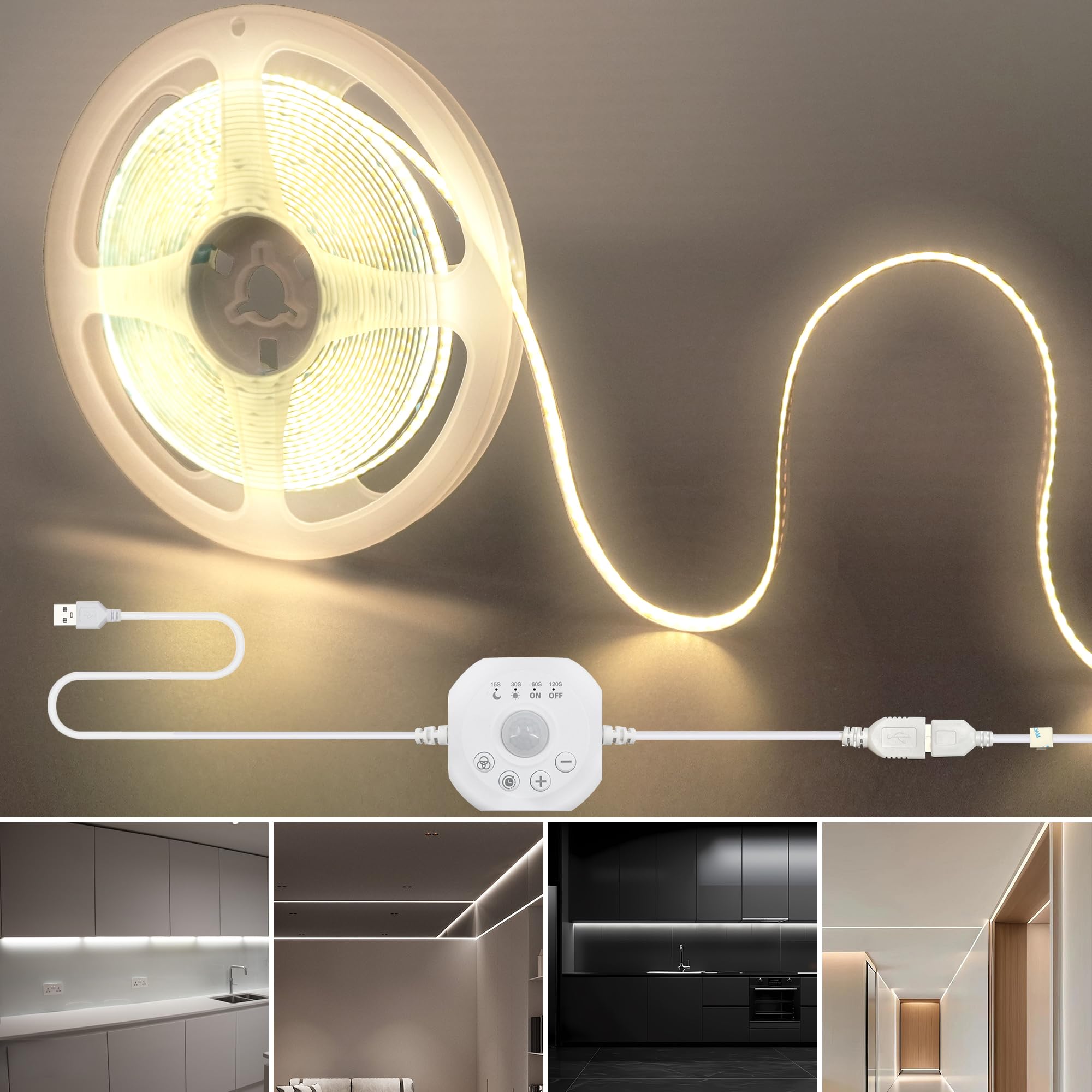 Clearhill 5V Motion Sensor Dimmer 320LED Strip Lights,Day or Night 2 Lighting Modes,Time-delay and Brightness Adjustable,9.84FT/3M,Natural White 4000K,8mm Width,for Closet,Kitchen