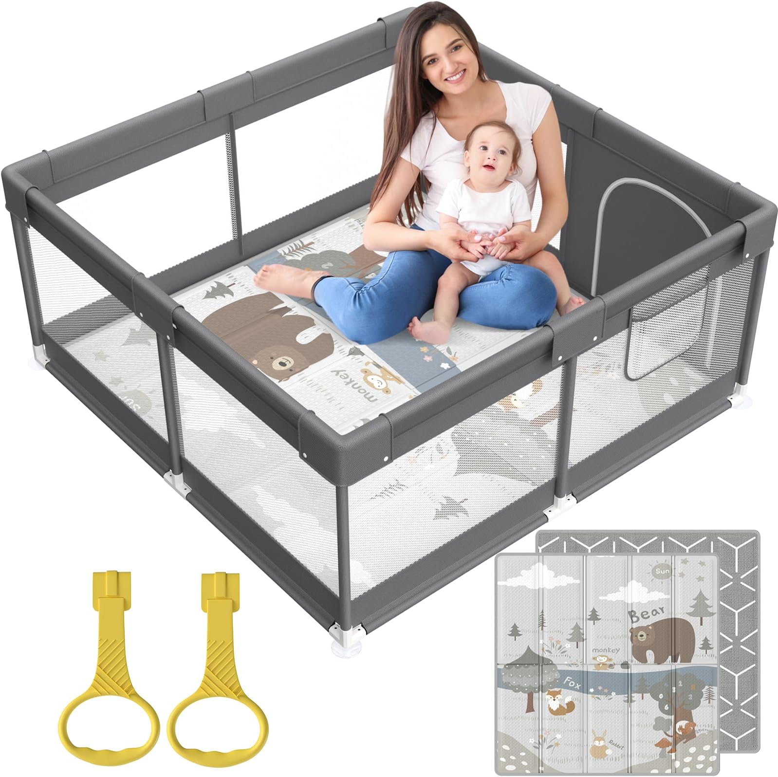 Baby Playpen with Mat, Small Play Pen(47x47inch), for Babies and Toddlers, Pen Apartment, Yard Baby, Fence Area Playyard Activity Center (Dark Gray)