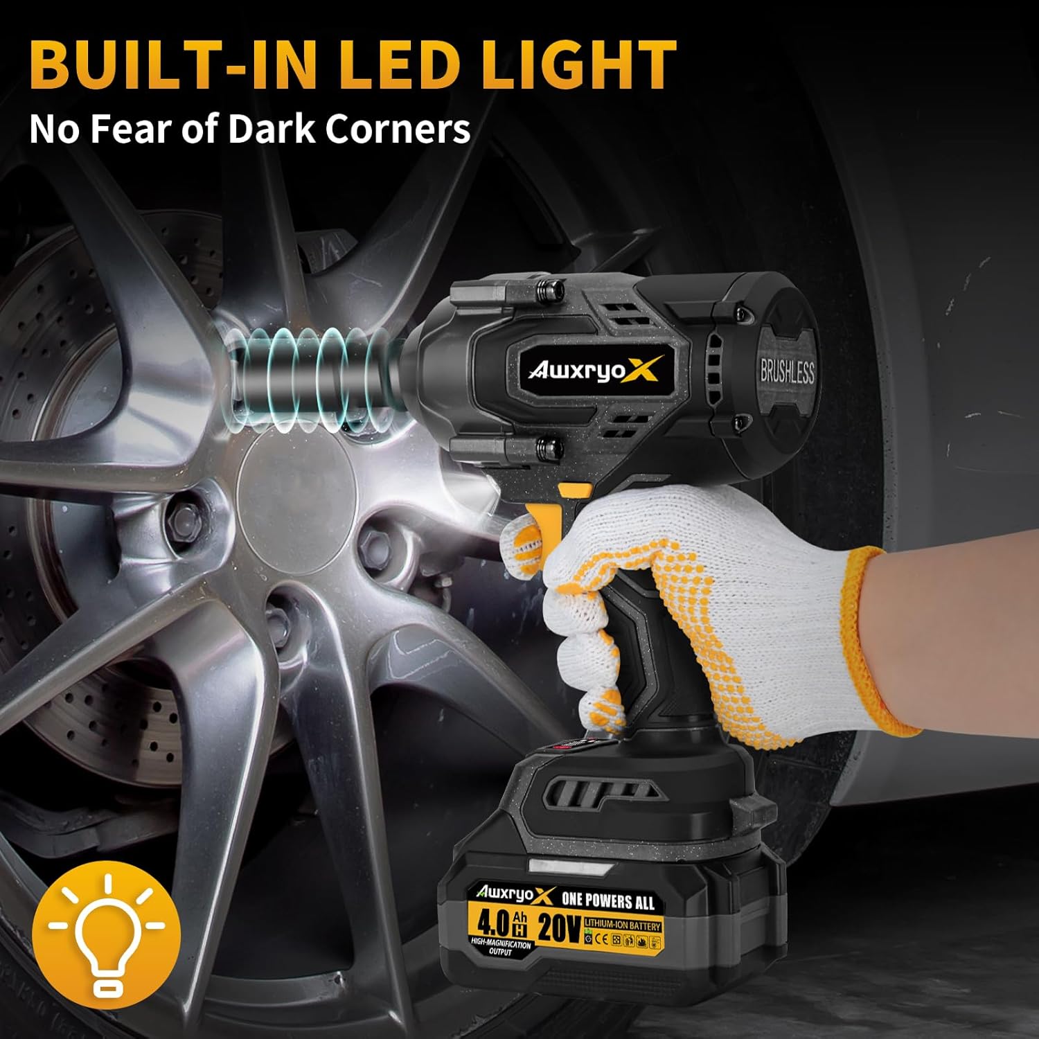 AwxryoX 1700Nm Impact Wrench, 20V 1254Ft-lbs Brushless Impact Gun with 2x4.0Ah Battery, 1/2" High Torque Pistola De Impacto with 6 Socket, Electric Impact Llave Driver for Truck/Mower/Car/Industrial