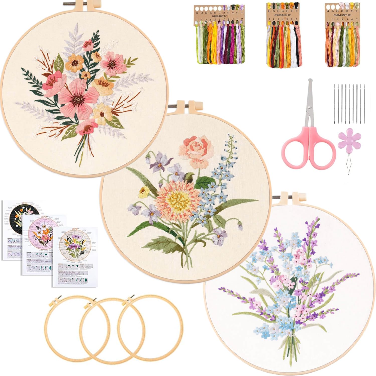 TourKing Embroidery Kit for Adults Beginners - 3 Floral Patterns with Hoops, Thread & Needles, Complete Starter Set for Hand Embroidery, DIY Craft Gift (Includes Instructions)