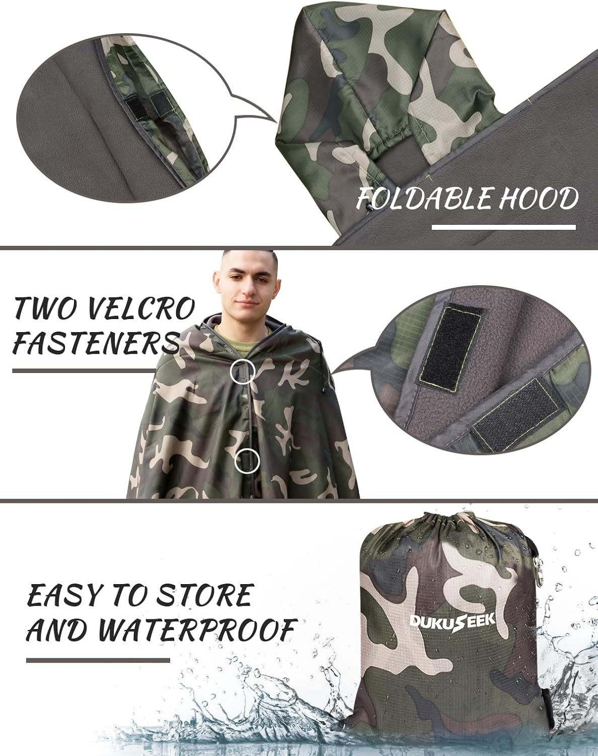 DUKUSEEK Hooded Stadium Blanket, Camouflage Waterproof Windproof Outdoor Fleece Blanket - Large (79x56), Portable, Wearable, Warm for Outdoor Hunting, Sporting Events… - Image 2