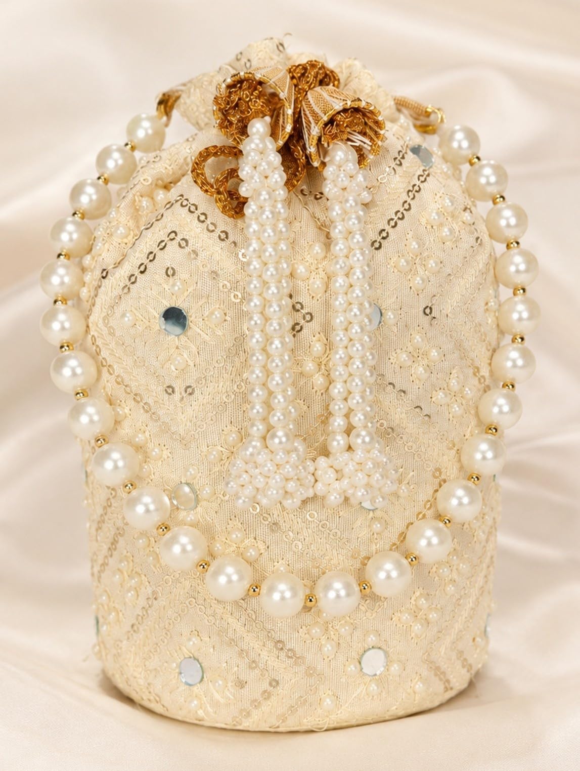 JDDCART Cream Pearl Embellished Embroidered Ethnic Potli Bag Handbag for Women-image-42