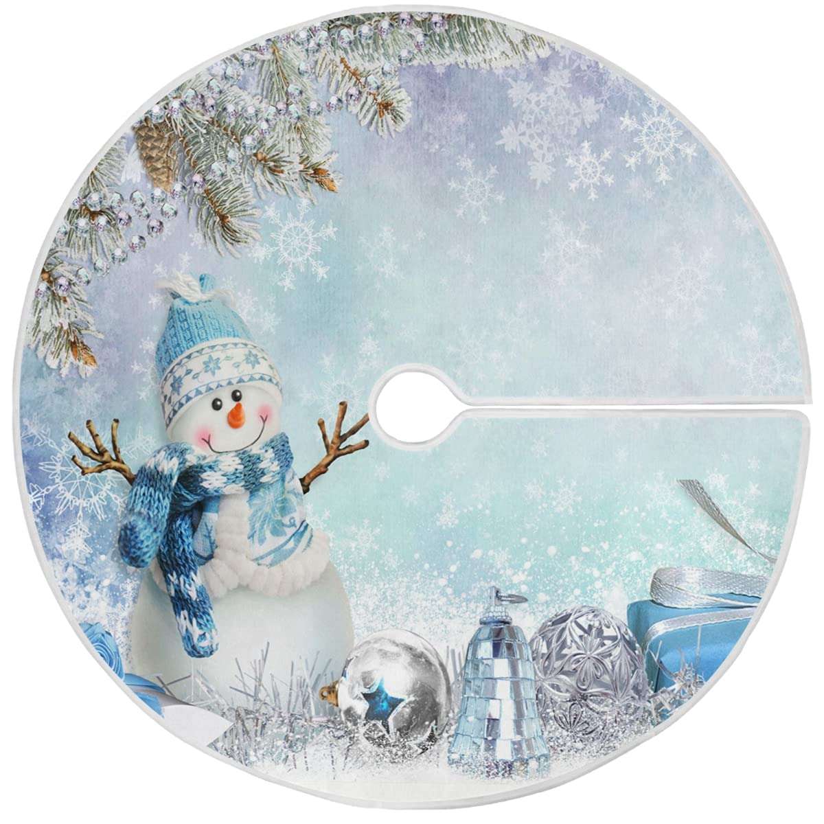 Merry Christmas Winter Snowman Christmas Tree Skirt Decorations White Snow Snowflake Blue Jingle Bells Xmas Tree Mat 35 inch for Holiday Party Supplies Rustic Ornaments Mini Tree Skirt
