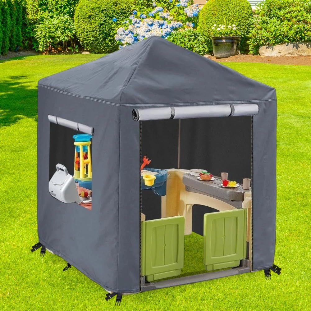 Copertura per casetta dei giochi per bambini, resistente alle intemperie, impermeabile, con cerniere e finestre di ventilazione, 142 x 137 x 152 cm (grigio)