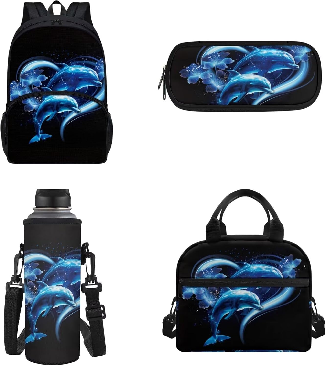 Lovely Dolphin Backpack Kids Backpack 4 Pcs Children Bookbag and Lunch Box Pencil Bag Bottle Carrier Bag Sling Bags for Boy Girl Middle School Primary Student Bookbag Casual Daypack