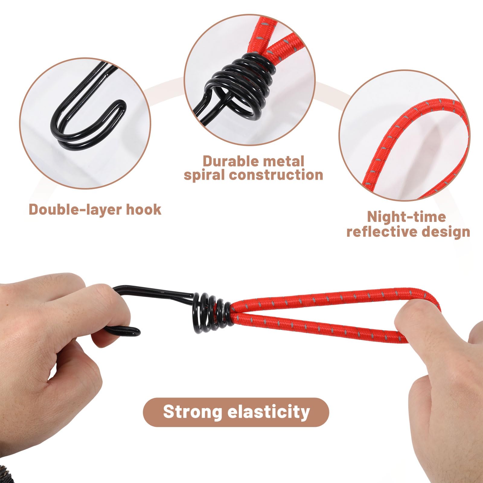 Lot de 10 crochets de corde élastique de 14,5 cm - Avec crochets - Très résistants - Pour l'extérieur, le camping, les bagages, les tentes, la randonnée - Rouge