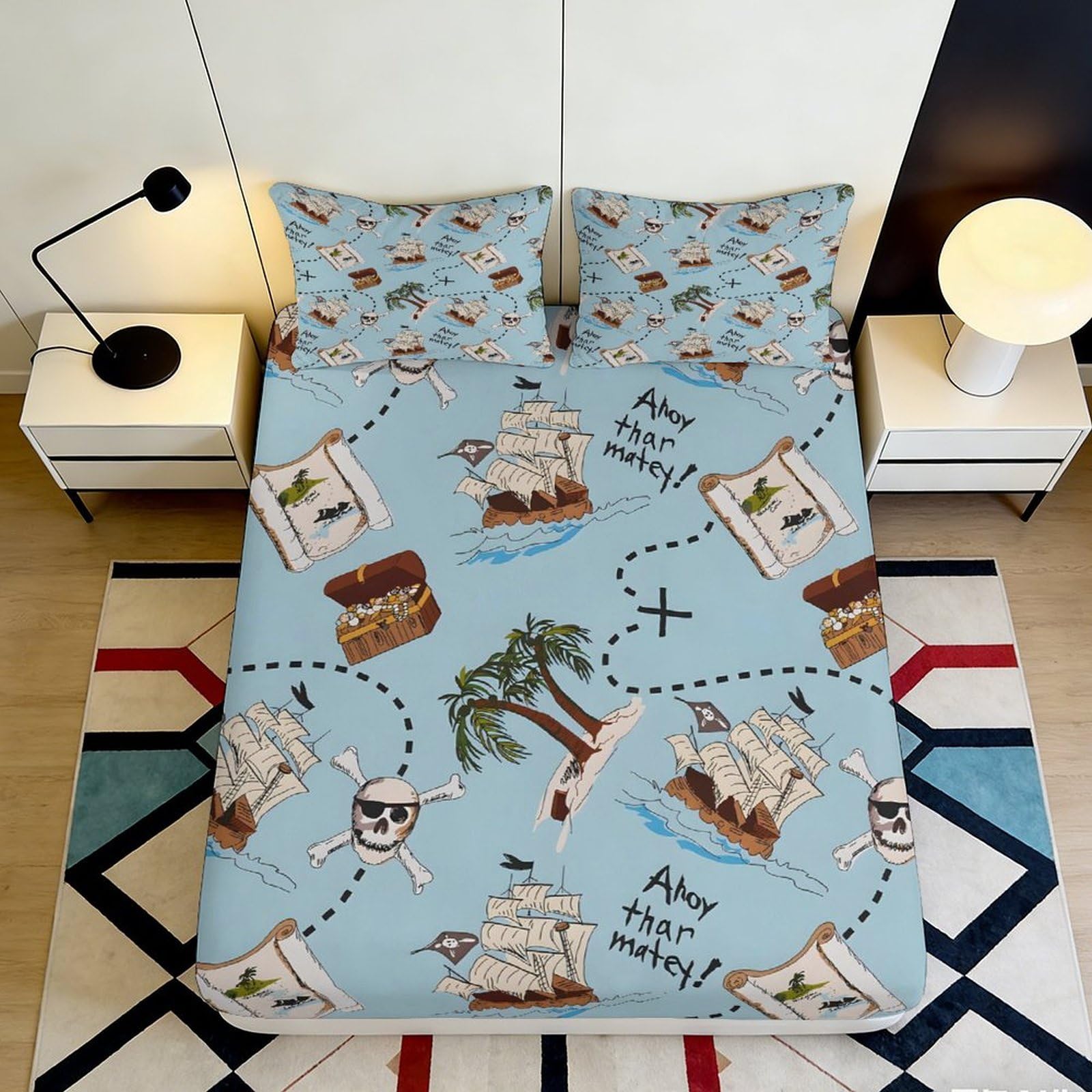 3D Printed Pirate Map Fitted Sheet Microfiber Soft Anti-Slip Treasure Island Bed Cover for Bedroom Decor 90x200x25cm