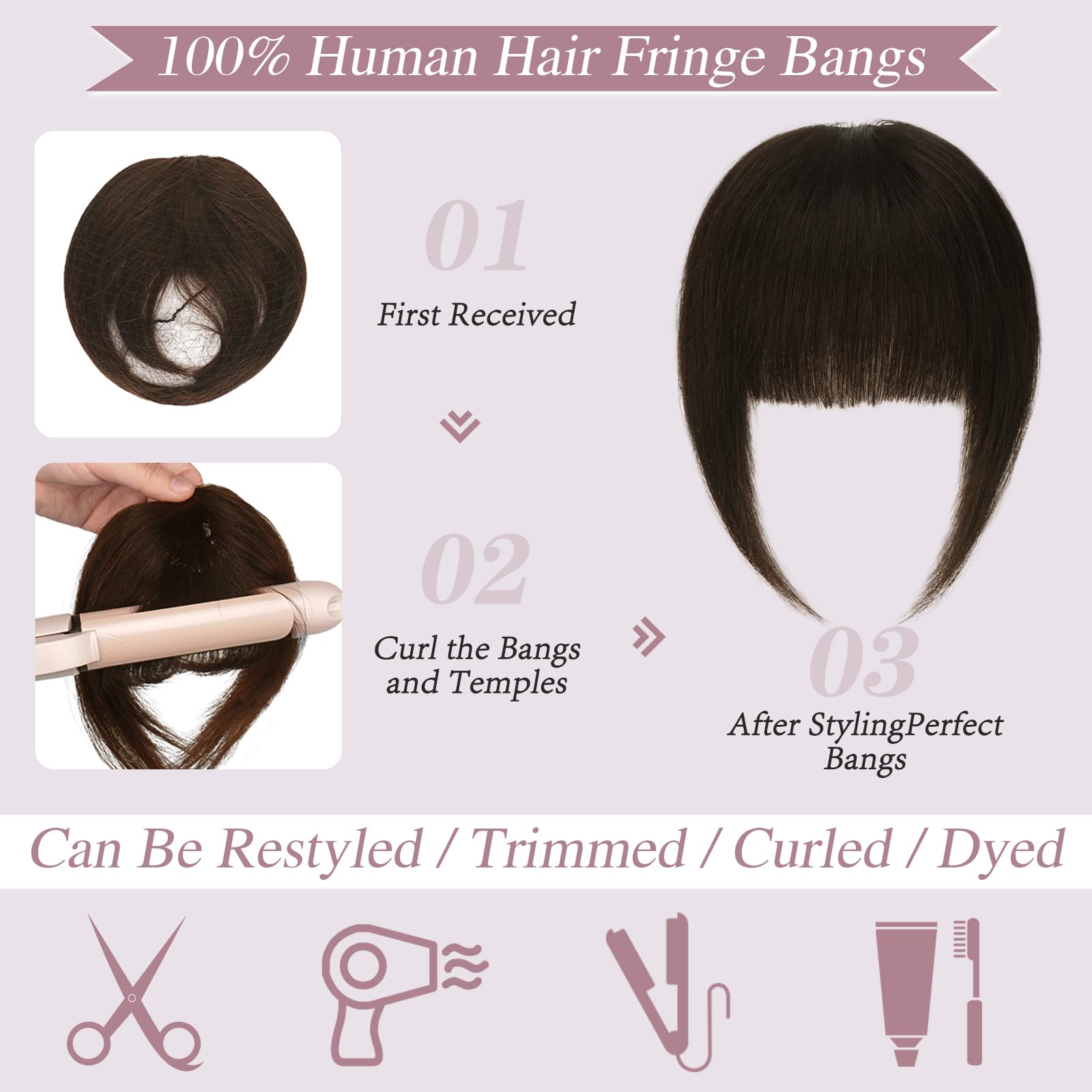 RUWISS Clip in Fringe Bangs Thick Fringe Extensions with Temples - Human Hair for Women - Daily Wear (Light Brown) - Image 3