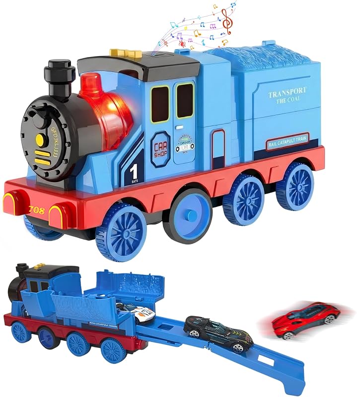 Music and Light Catapult Train, Foldable Garage & 3 alloy cars for Age 3+ | Sound, Secret garage, Catapult track