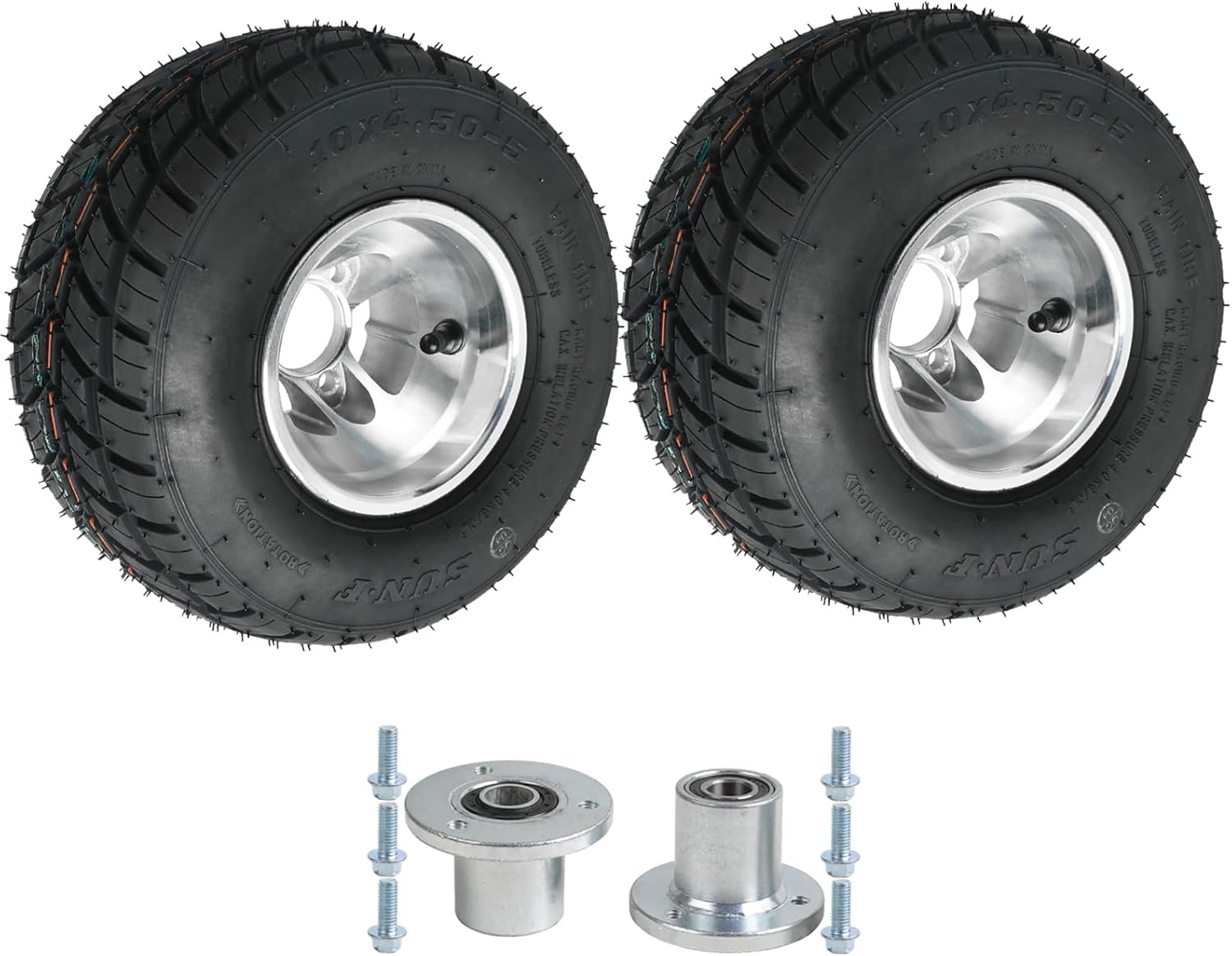 5" Front Go Kart 10x4.50-5 Tire On Rim Tubeless Wheel with 3 Stud Wheel Axle Hubs, 10x4.5-5 10x4.50x5 Rain Road Tire for Racing Go Cart ATV Wheels Golf Cart Karting Mini Bike Drift Trike, Set of 2