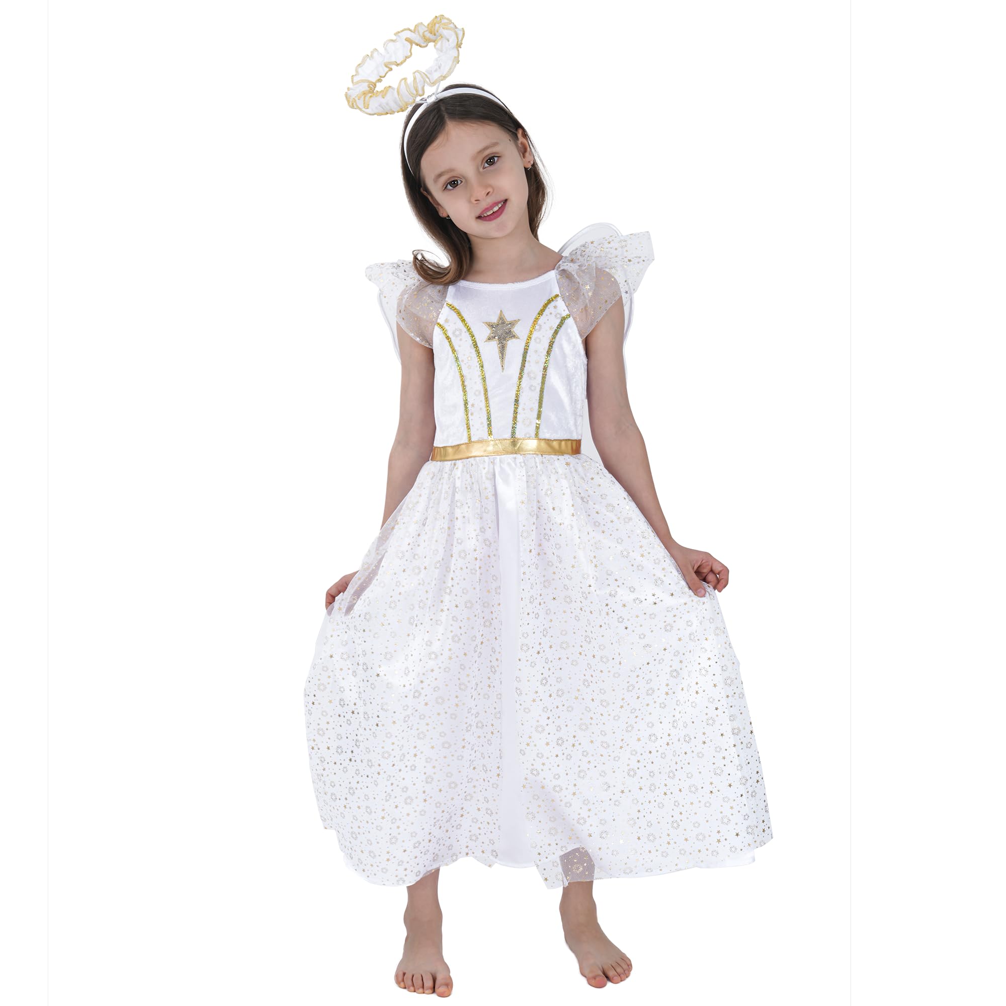 Wizland Glimmering Elegance Girls' White Angel Costume with Golden-Accented Halo and Wings