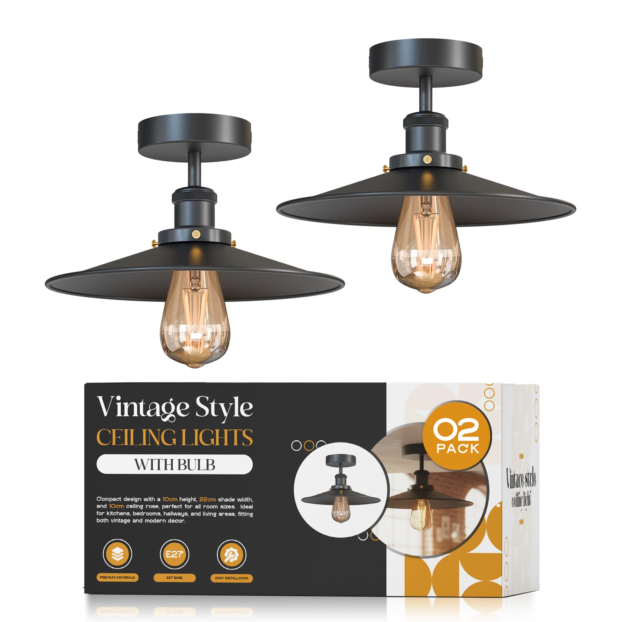 DC VOLTAGE 2 Pack Vintage Semi Flush Mount Ceiling Light Fixture Industrial Chandelier E27 Lampholder with 22cm Black Lampshade LED Ceiling Lamp for Kitchen,Living Room, Bedroom with Bulb