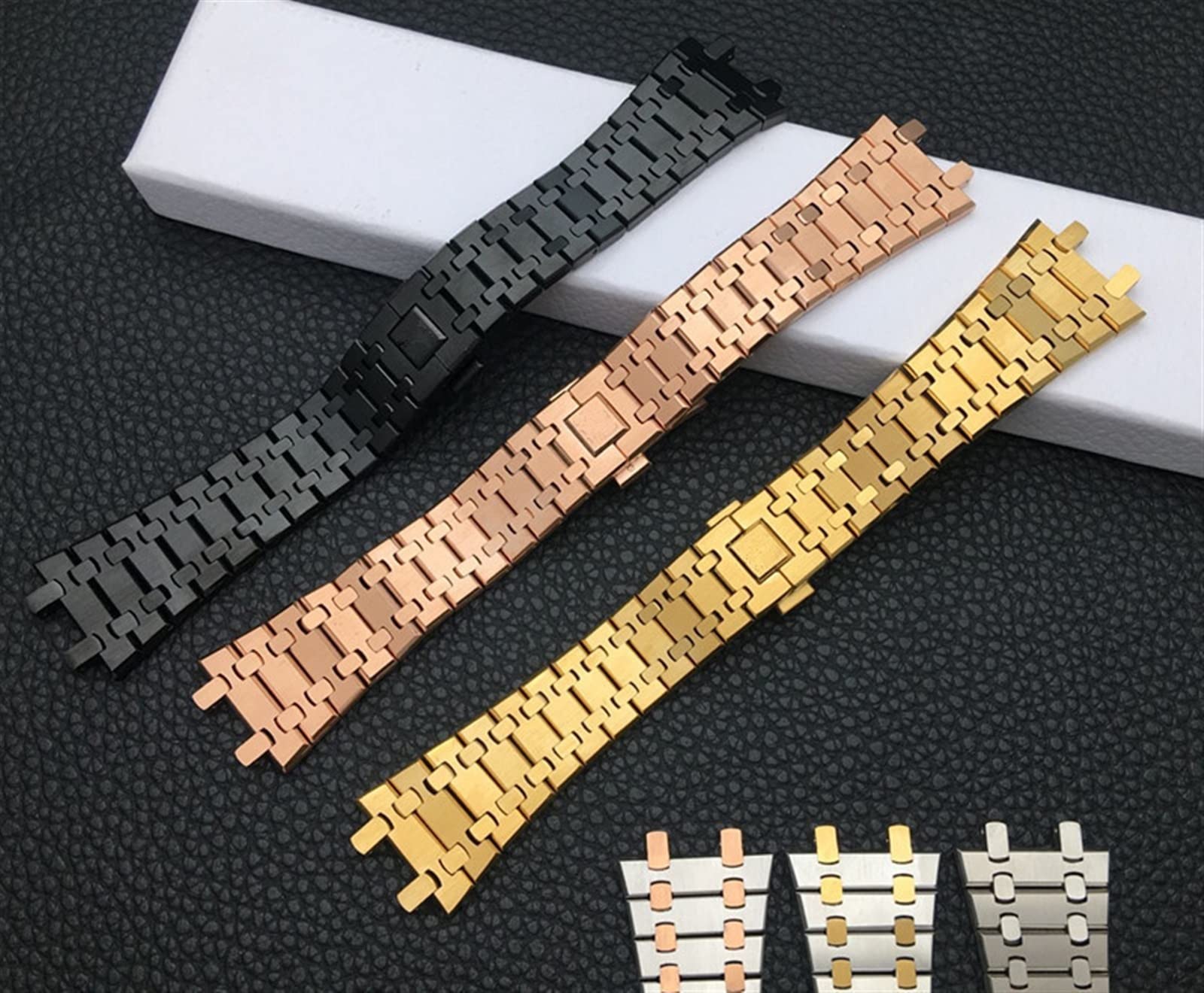 Czarny złoty srebrny pasek do zegarka 21 mm 26 mm mężczyźni kobiety bransoleta do zegarka ze stali nierdzewnej do AP ROYAL dąb składana klamra (kolor: średni złoty pasek, rozmiar: 26 mm)