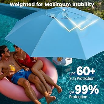 Floating Pool Umbrella for Inside of Pool with Weighted Base, UV Sun Shade & Floating Table with 4 Cup Holders, Adjustable Aluminum Pole for Swimming Pool, Beach & Lakes