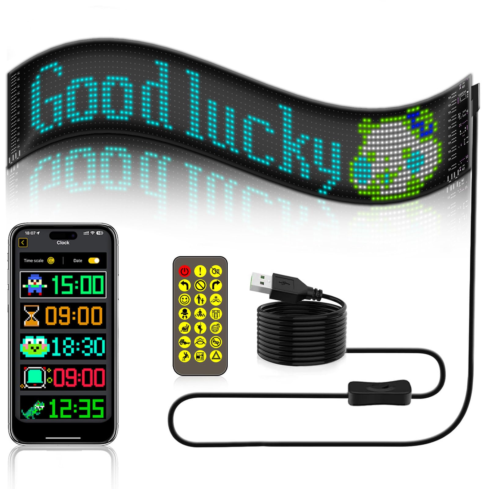 Tableau d'affichage LED flexible, 19,2 x 90 cm, écriture programmable, application intelligente Bluetooth, panneau LED RVB, défilement personnalisé, avec télécommande pour voiture