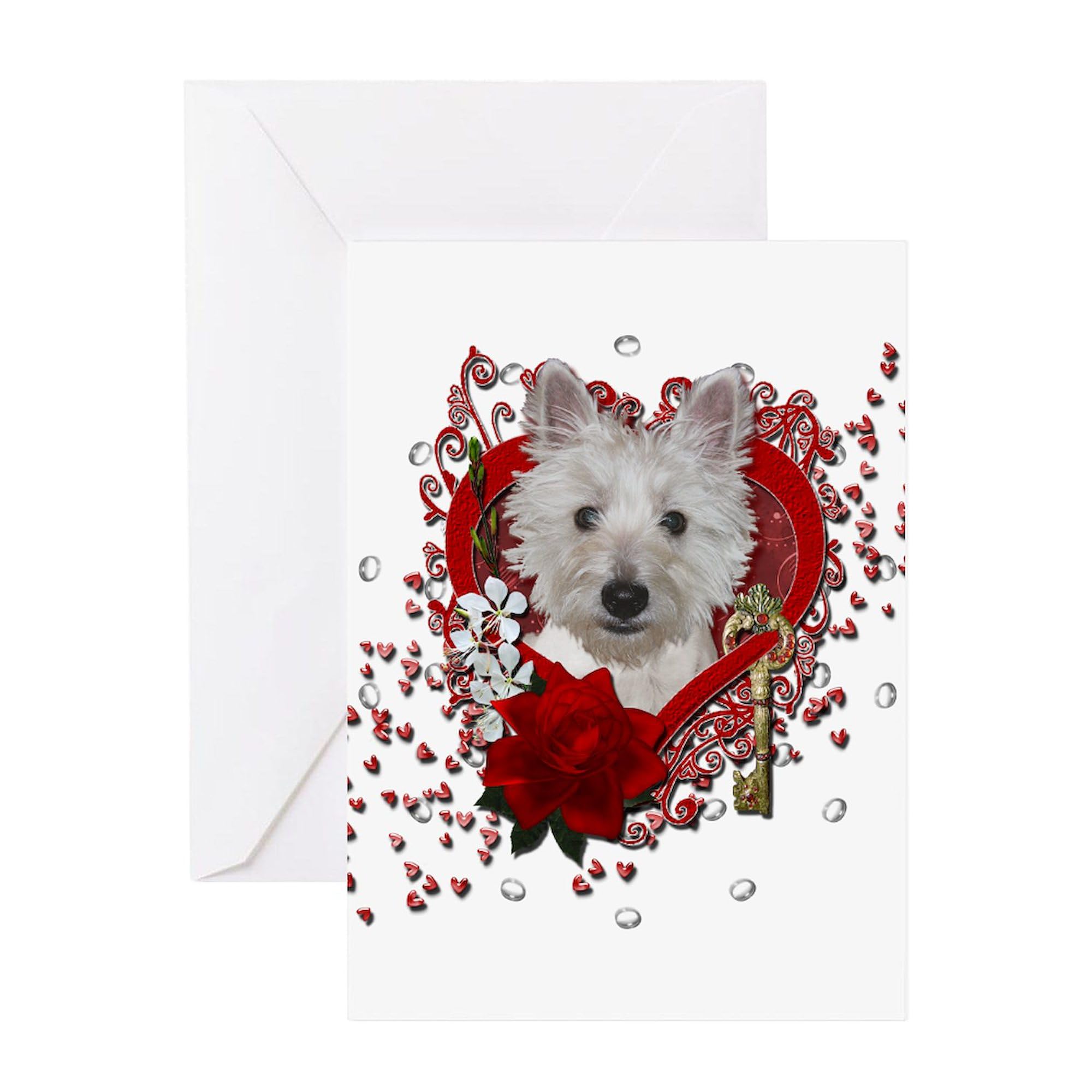 CafePress Valentines Key To My Heart Westie Greeting Car Folded Greeting Card Glossy