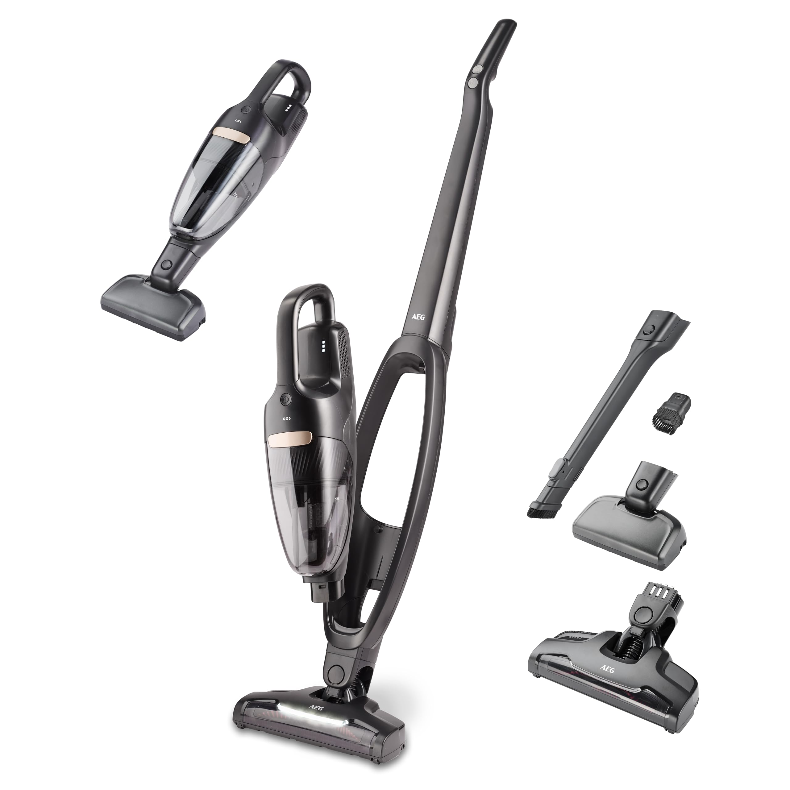 AEG QX6-1-45AN Akku Staubsauger kabellos / Staubsauger beutellos / leise / Handstaubsauger akku / 45 min Laufzeit / leicht / Hartboden / 2in1 / Tierhaare / Hund / Katze / Teppich / Auto / grau