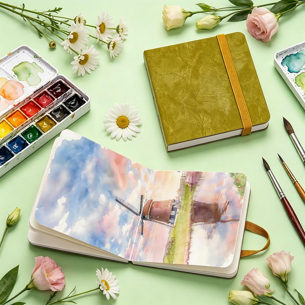 AHANDMAKER Confezione da 2 diari ad acquerello, 9 x 9 cm, 44 pagine, piccolo diario portatile da viaggio per acquerelli, quaderno per schizzi da utilizzare come taccuino da viaggio e supporti misti