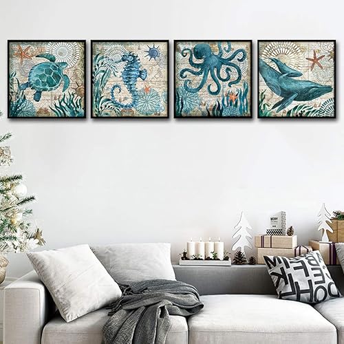 Miniatura 3 de YOOOAHU - 4 piezas de impresión sobre lienzo con motivos de acuarela de océano, para el hogar y la decoración de paredes tema de tortuga marinas,