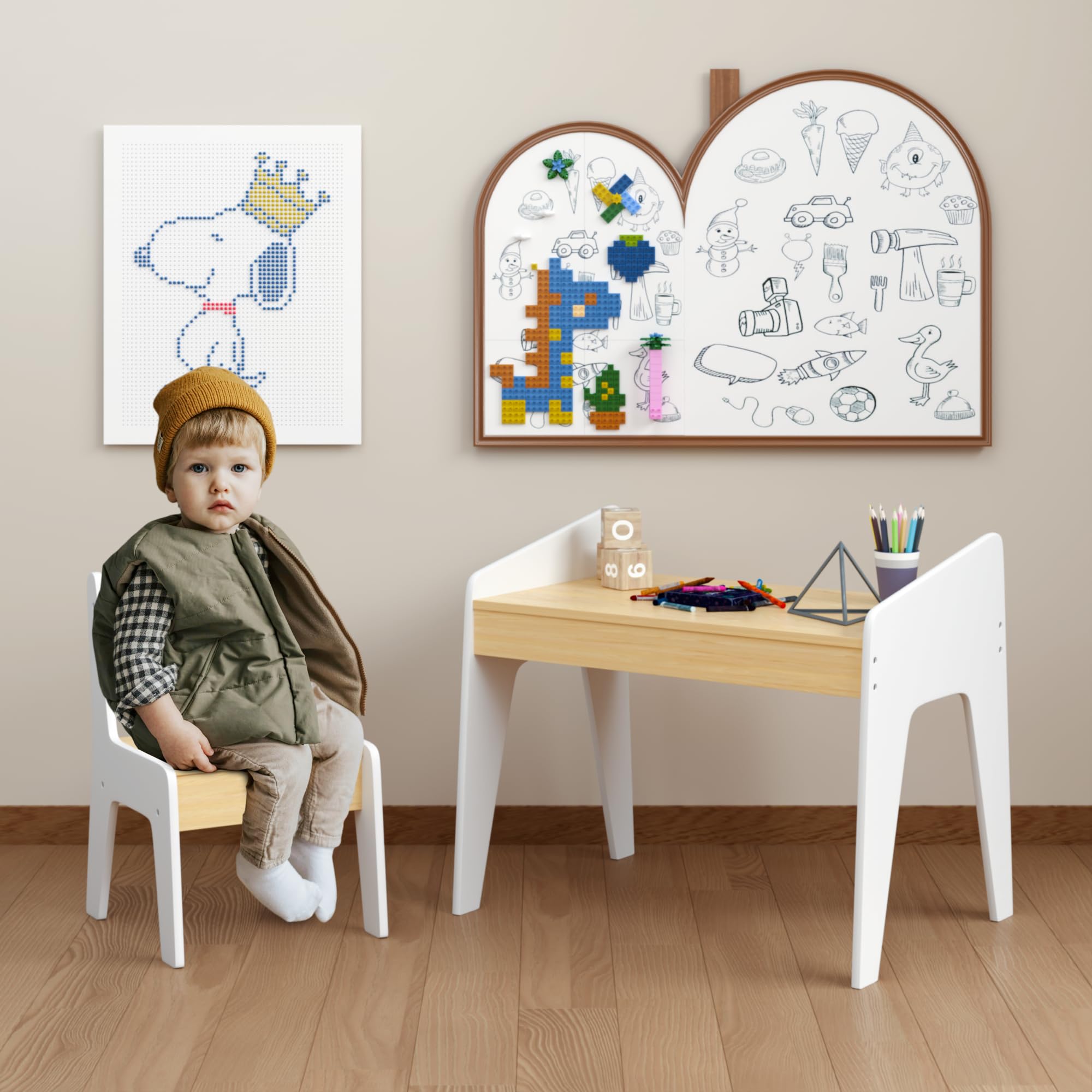 FUCIHOMA Kids Table and Chair Set - Wooden Children's Study Desk for Ages 2-8 - White & Natural MDF Play Table with Chair for Drawing Crafts Learning